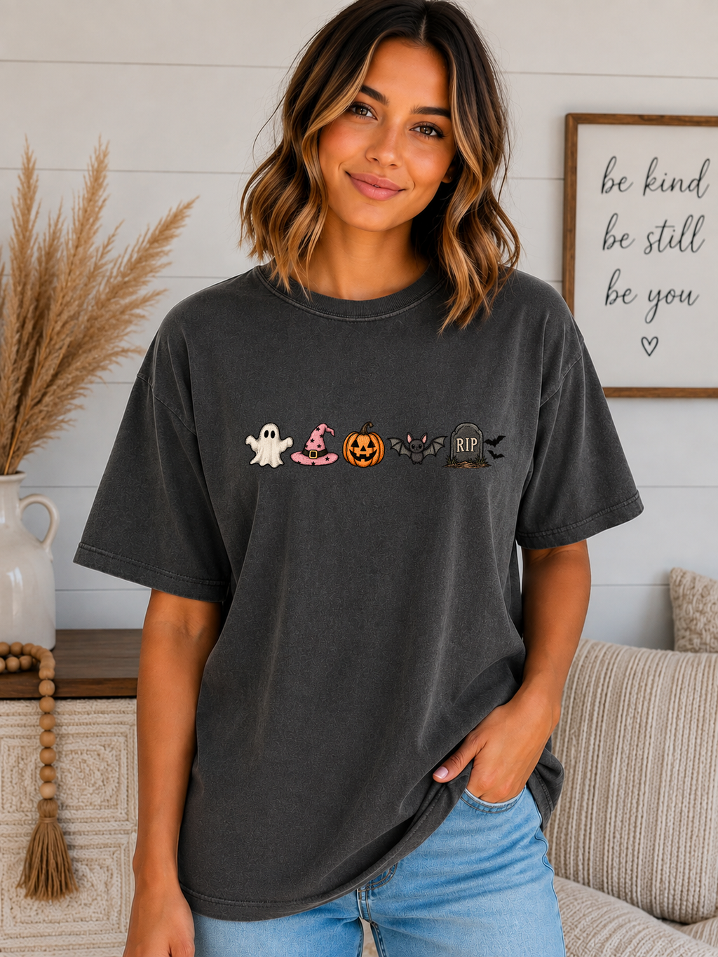 Cute Halloween Icons Comfort Colors T-Shirt | Ghost, Witch Hat, Pumpkin, Bat & RIP Tombstone | Spooky Season Graphic Tee