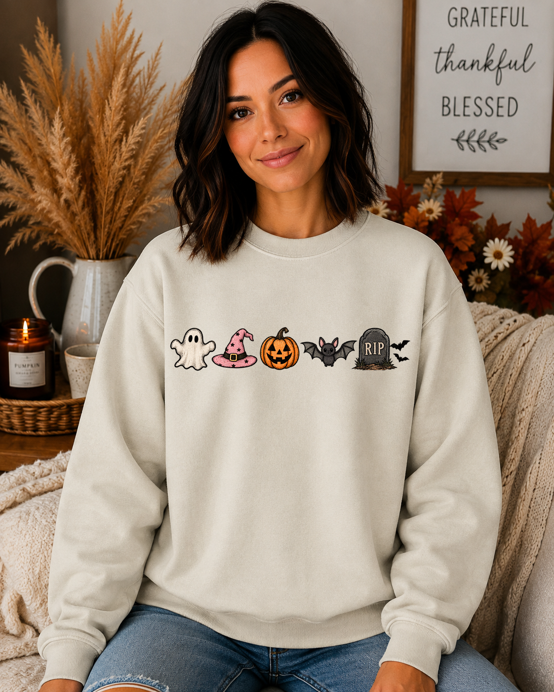 Cute Halloween Icons Gildan Sweatshirt | Ghost, Witch Hat, Pumpkin, Bat & RIP Tombstone | Spooky Season Fall Crewneck