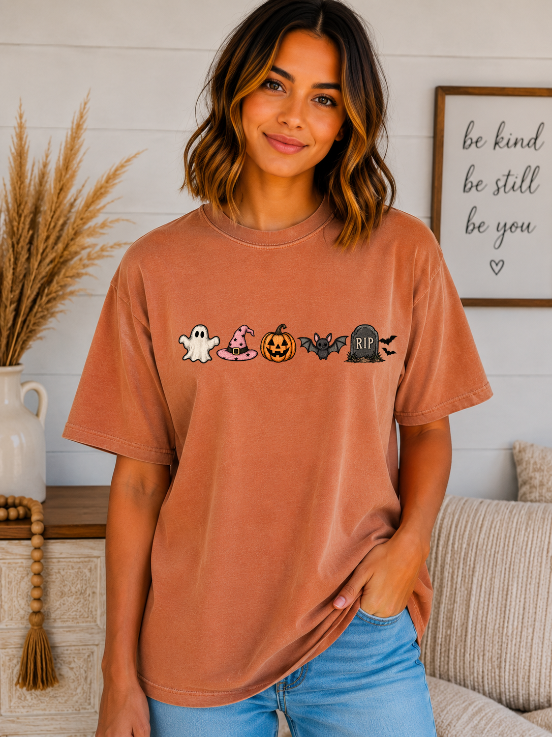 Cute Halloween Icons Comfort Colors T-Shirt | Ghost, Witch Hat, Pumpkin, Bat & RIP Tombstone | Spooky Season Graphic Tee