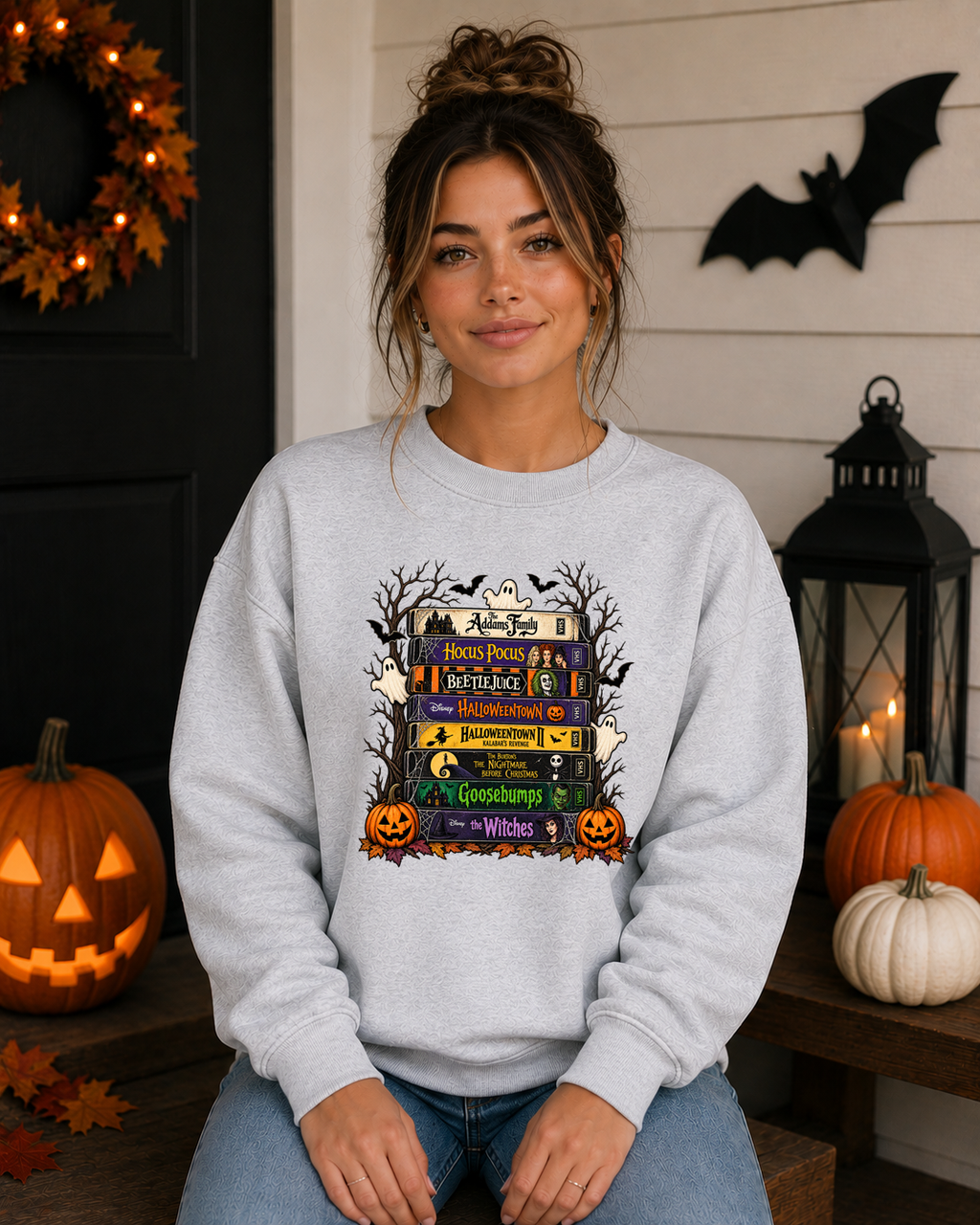 Retro Halloween Movies Gildan Sweatshirt | Spooky VHS Tape Stack | Classic Halloween Movie Night Crewneck