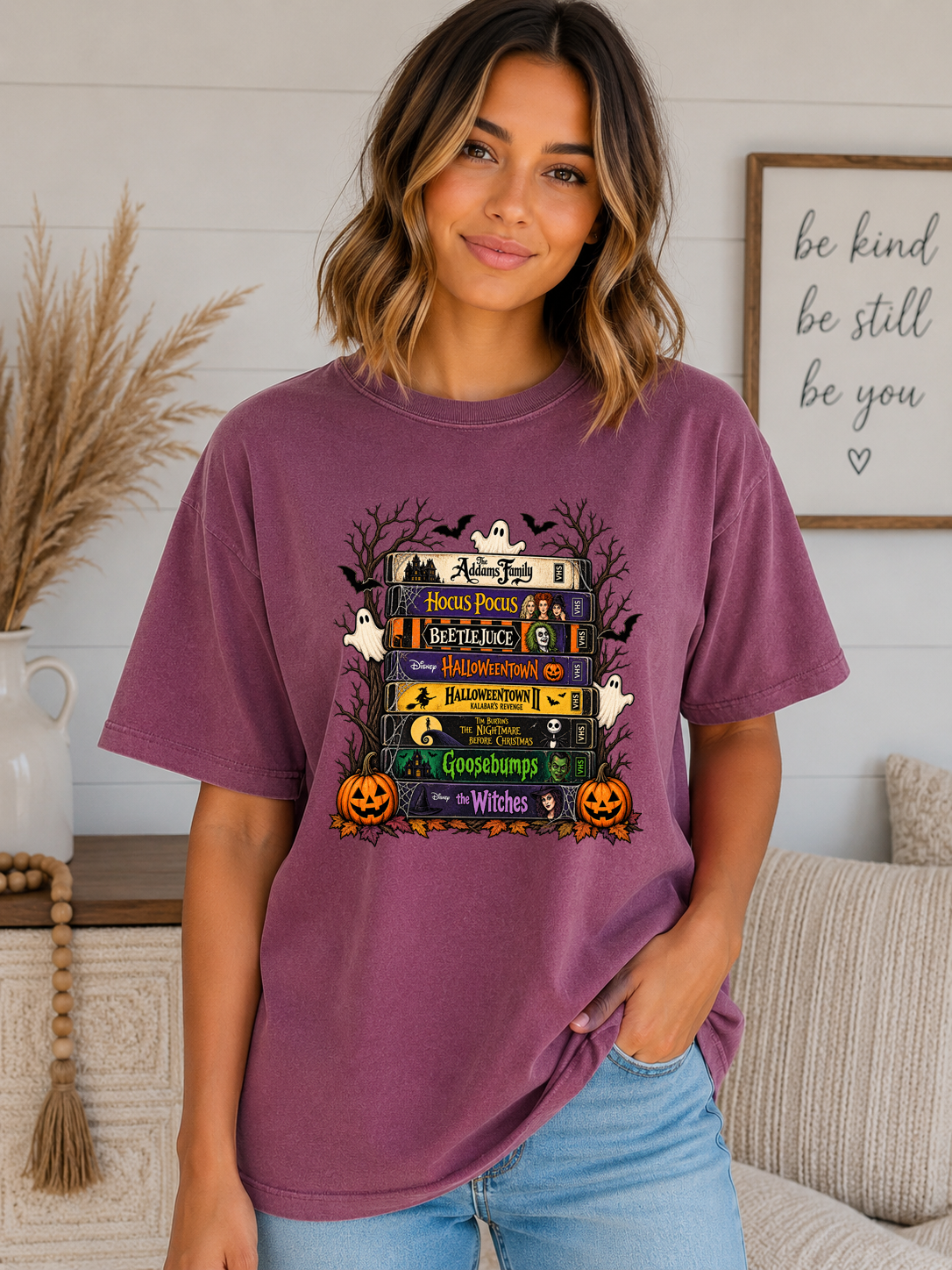 Retro Halloween Movie Comfort Colors T-Shirt | Spooky VHS Tape Stack Graphic Tee | Classic Halloween Movie Night Shirt