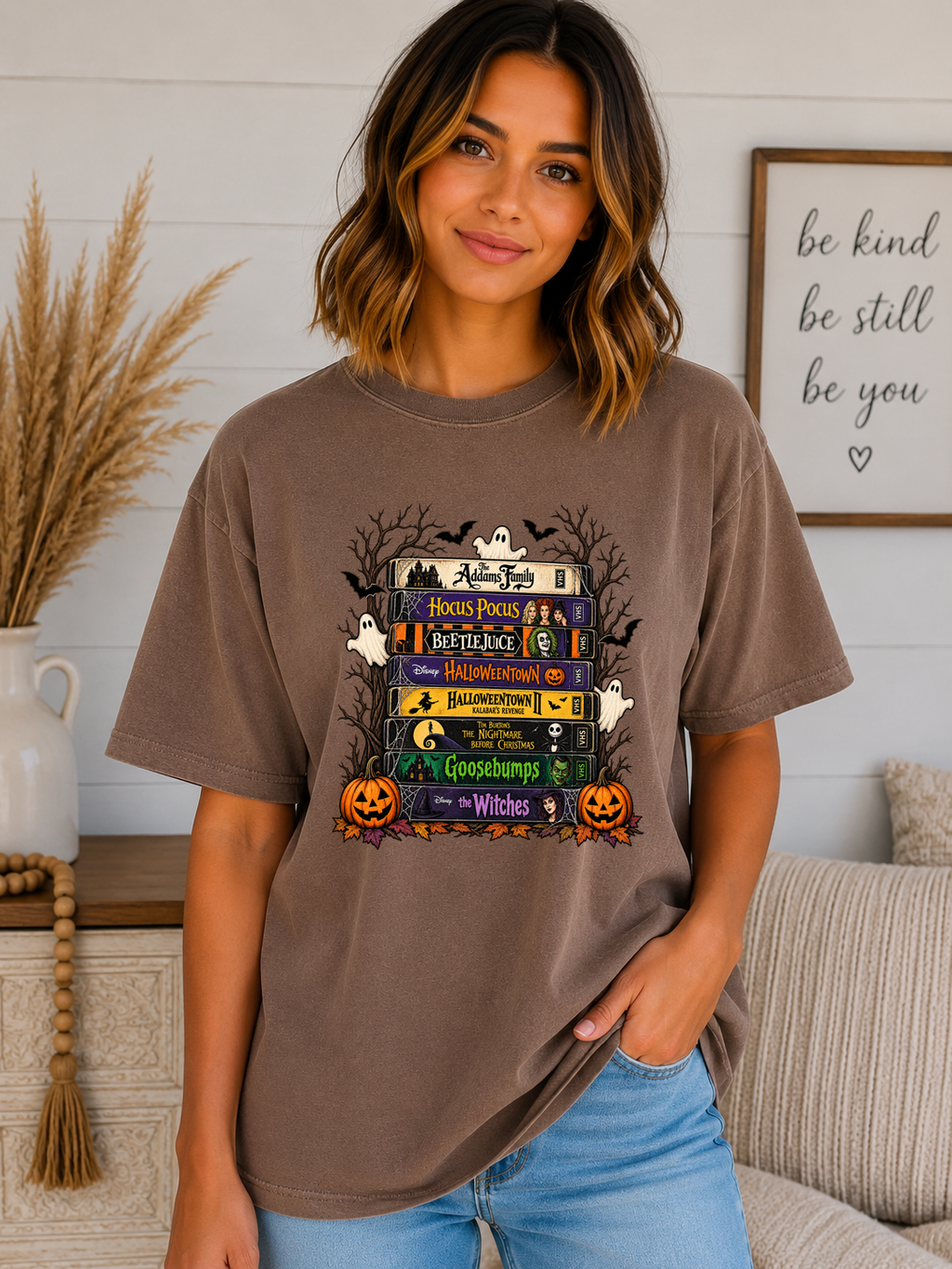 Retro Halloween Movie Comfort Colors T-Shirt | Spooky VHS Tape Stack Graphic Tee | Classic Halloween Movie Night Shirt