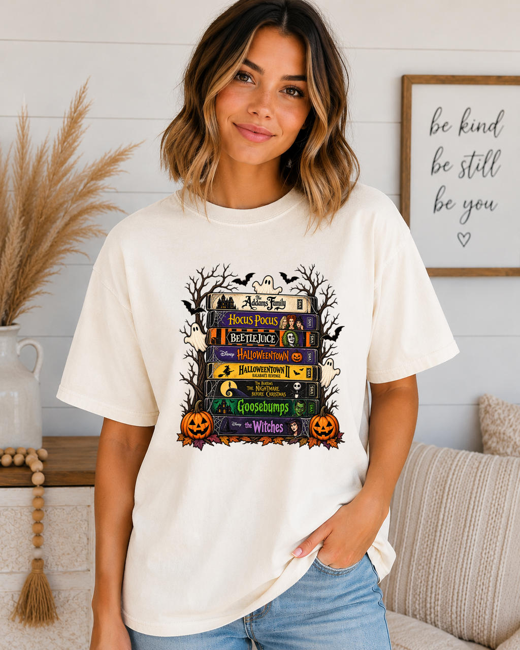 Retro Halloween Movie Comfort Colors T-Shirt | Spooky VHS Tape Stack Graphic Tee | Classic Halloween Movie Night Shirt