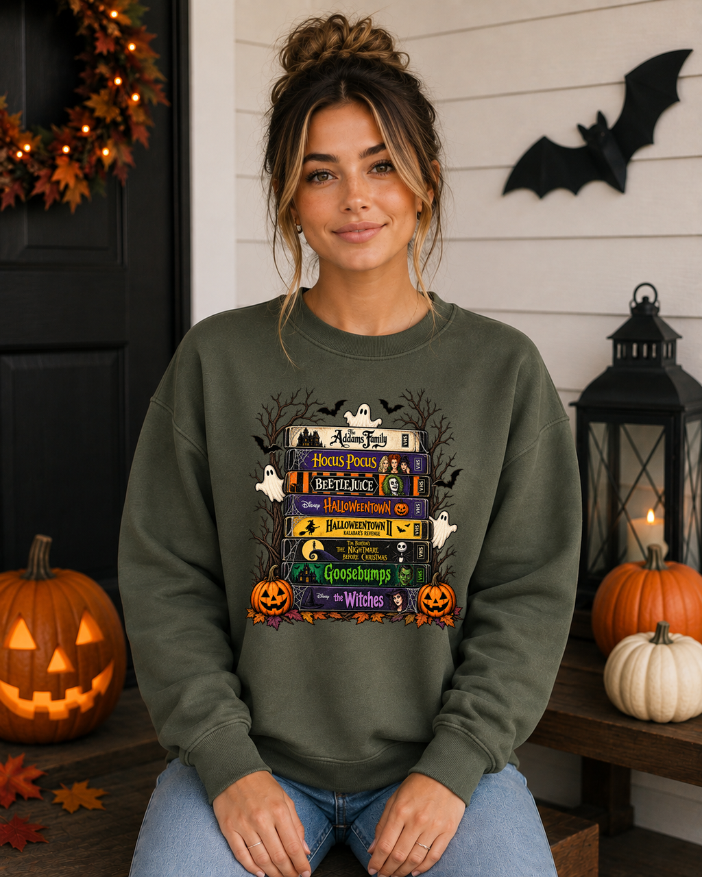 Retro Halloween Movies Gildan Sweatshirt | Spooky VHS Tape Stack | Classic Halloween Movie Night Crewneck