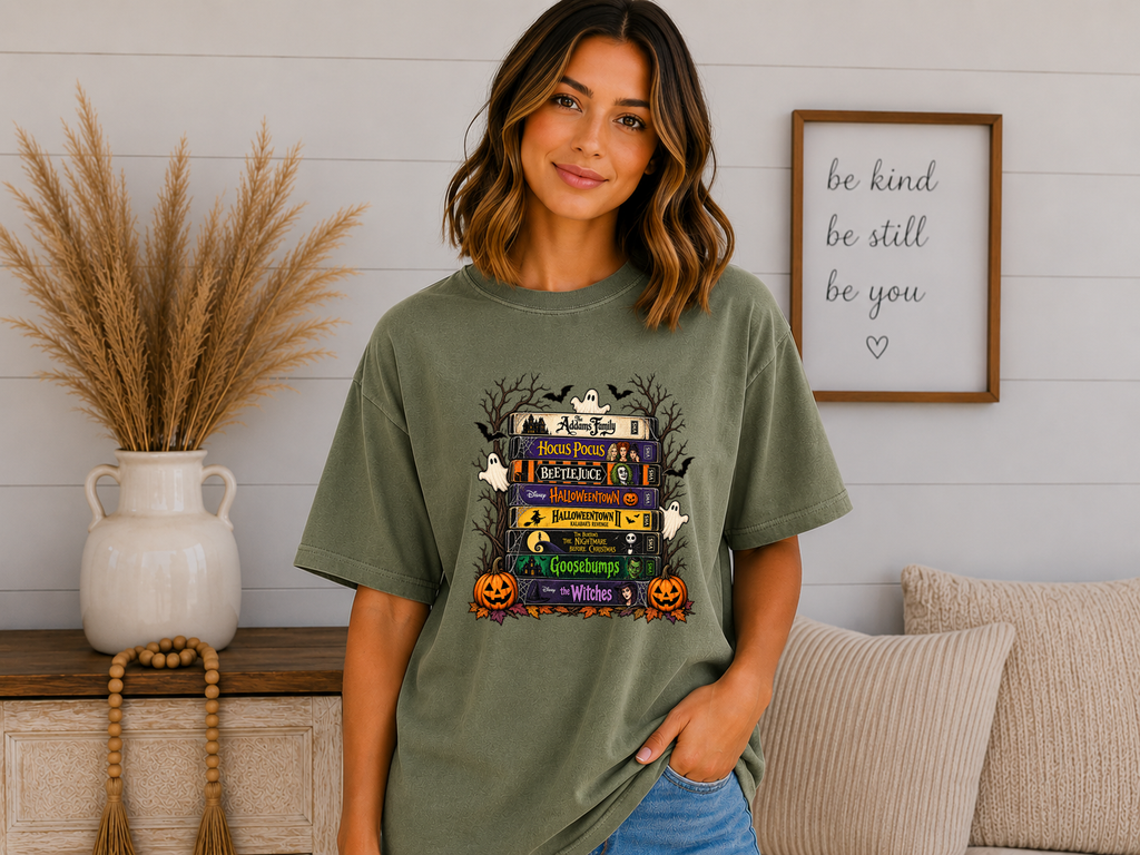 Retro Halloween Movie Comfort Colors T-Shirt | Spooky VHS Tape Stack Graphic Tee | Classic Halloween Movie Night Shirt