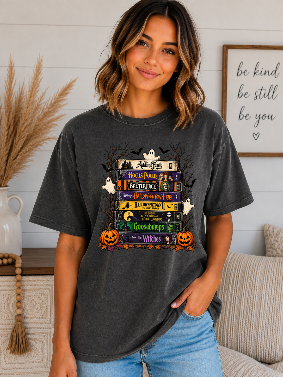 Retro Halloween Movie Comfort Colors T-Shirt | Spooky VHS Tape Stack Graphic Tee | Classic Halloween Movie Night Shirt