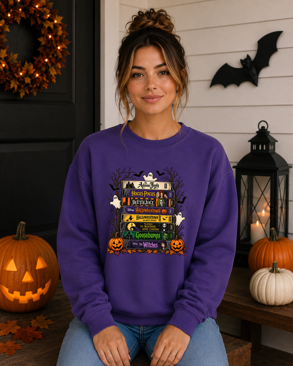 Retro Halloween Movies Gildan Sweatshirt | Spooky VHS Tape Stack | Classic Halloween Movie Night Crewneck