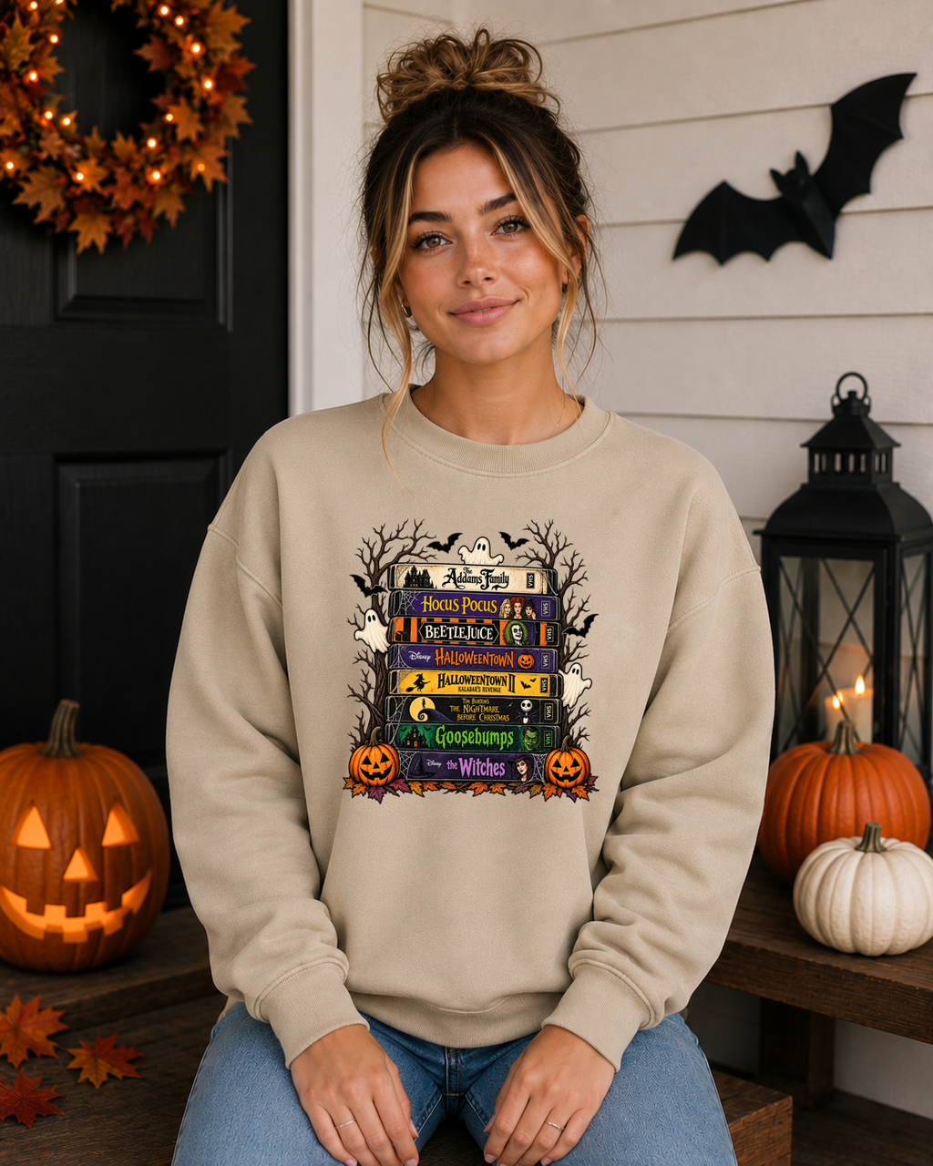 Retro Halloween Movies Gildan Sweatshirt | Spooky VHS Tape Stack | Classic Halloween Movie Night Crewneck