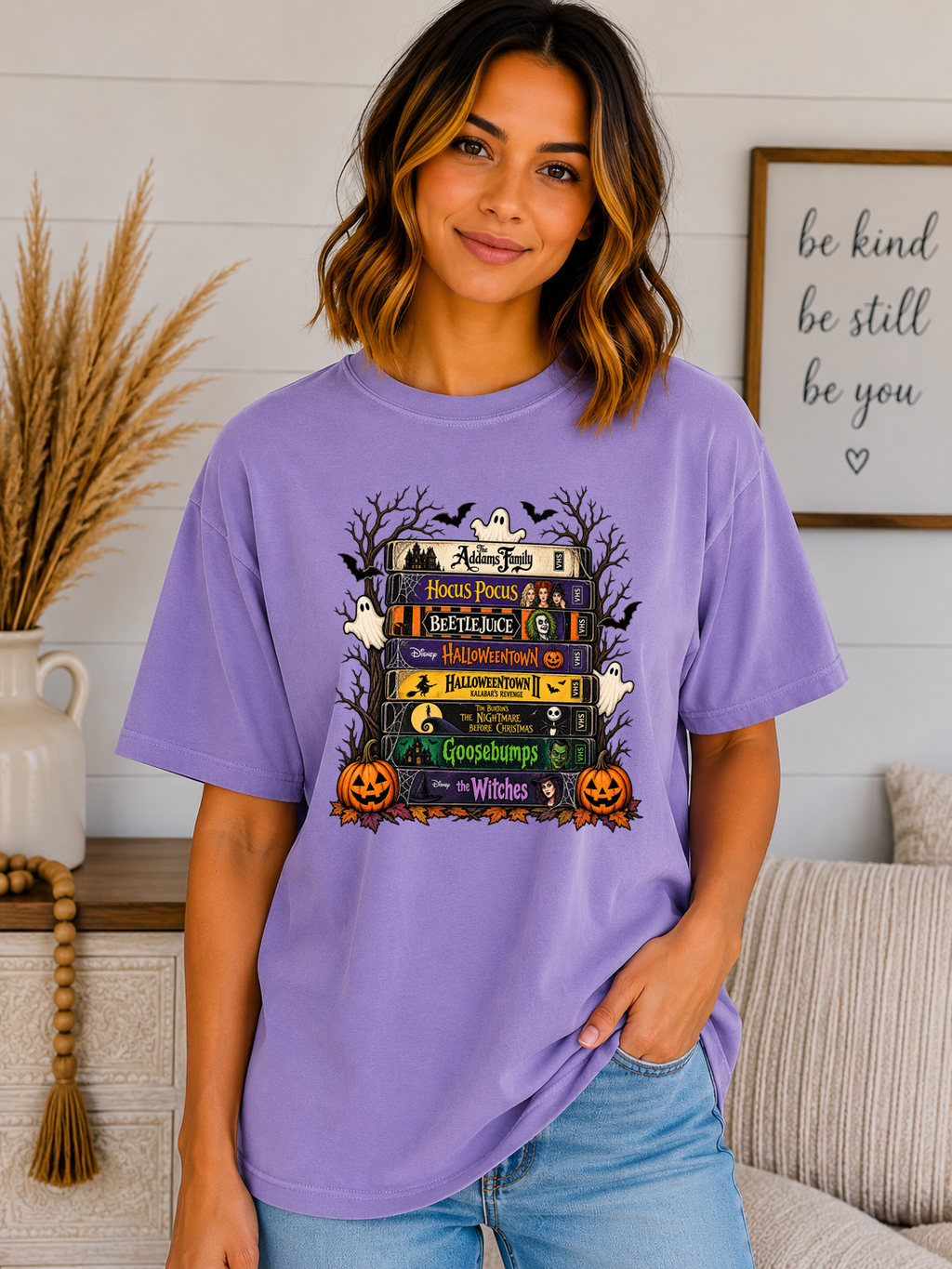 Retro Halloween Movie Comfort Colors T-Shirt | Spooky VHS Tape Stack Graphic Tee | Classic Halloween Movie Night Shirt