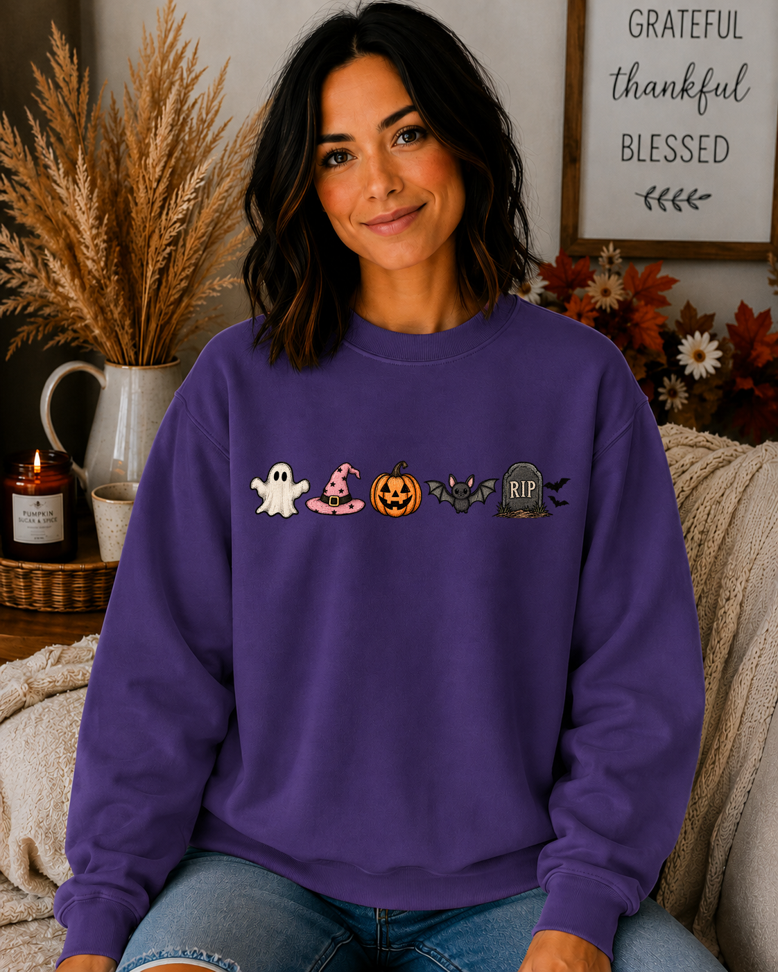 Cute Halloween Icons Gildan Sweatshirt | Ghost, Witch Hat, Pumpkin, Bat & RIP Tombstone | Spooky Season Fall Crewneck