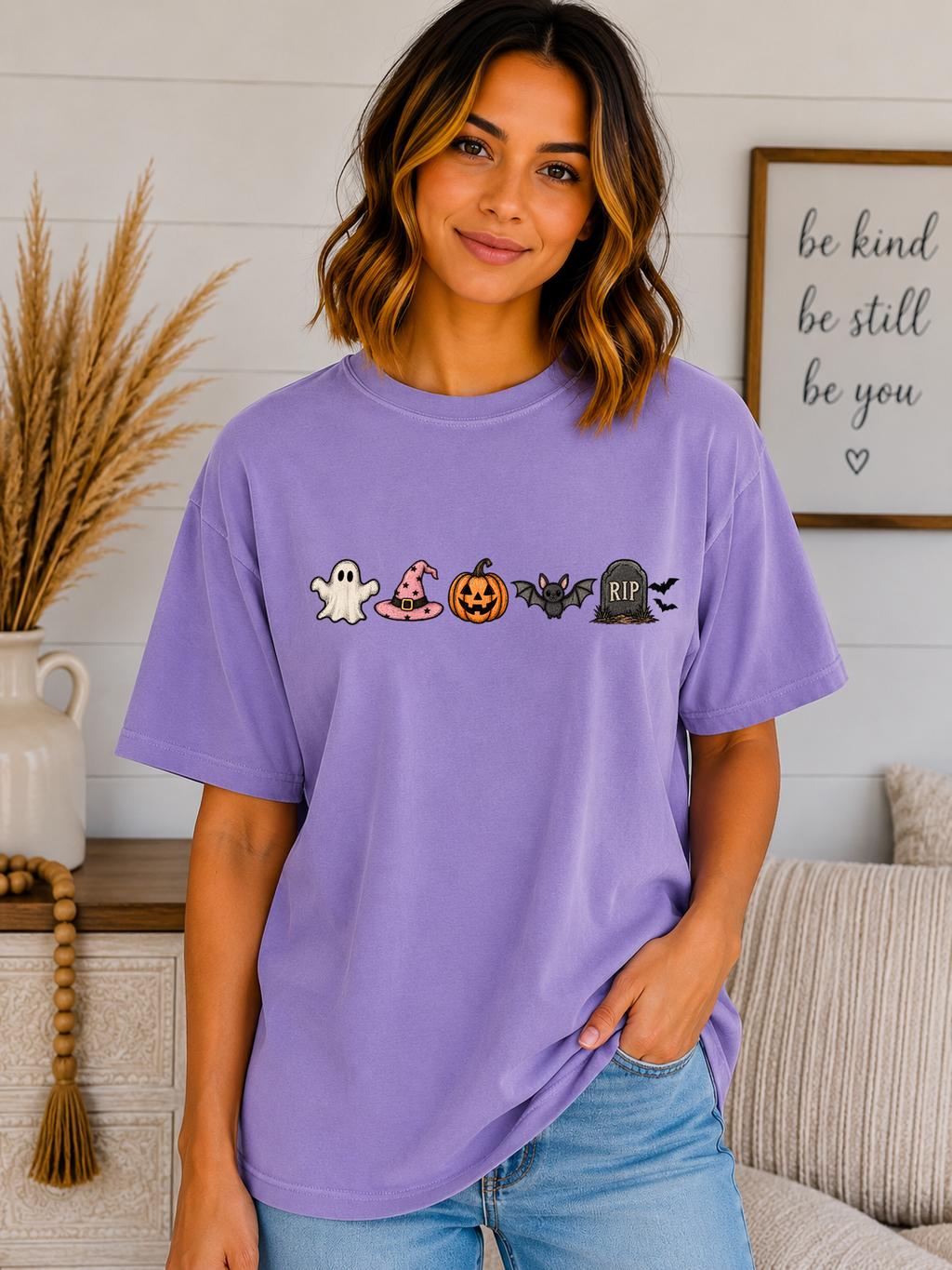 Cute Halloween Icons Comfort Colors T-Shirt | Ghost, Witch Hat, Pumpkin, Bat & RIP Tombstone | Spooky Season Graphic Tee