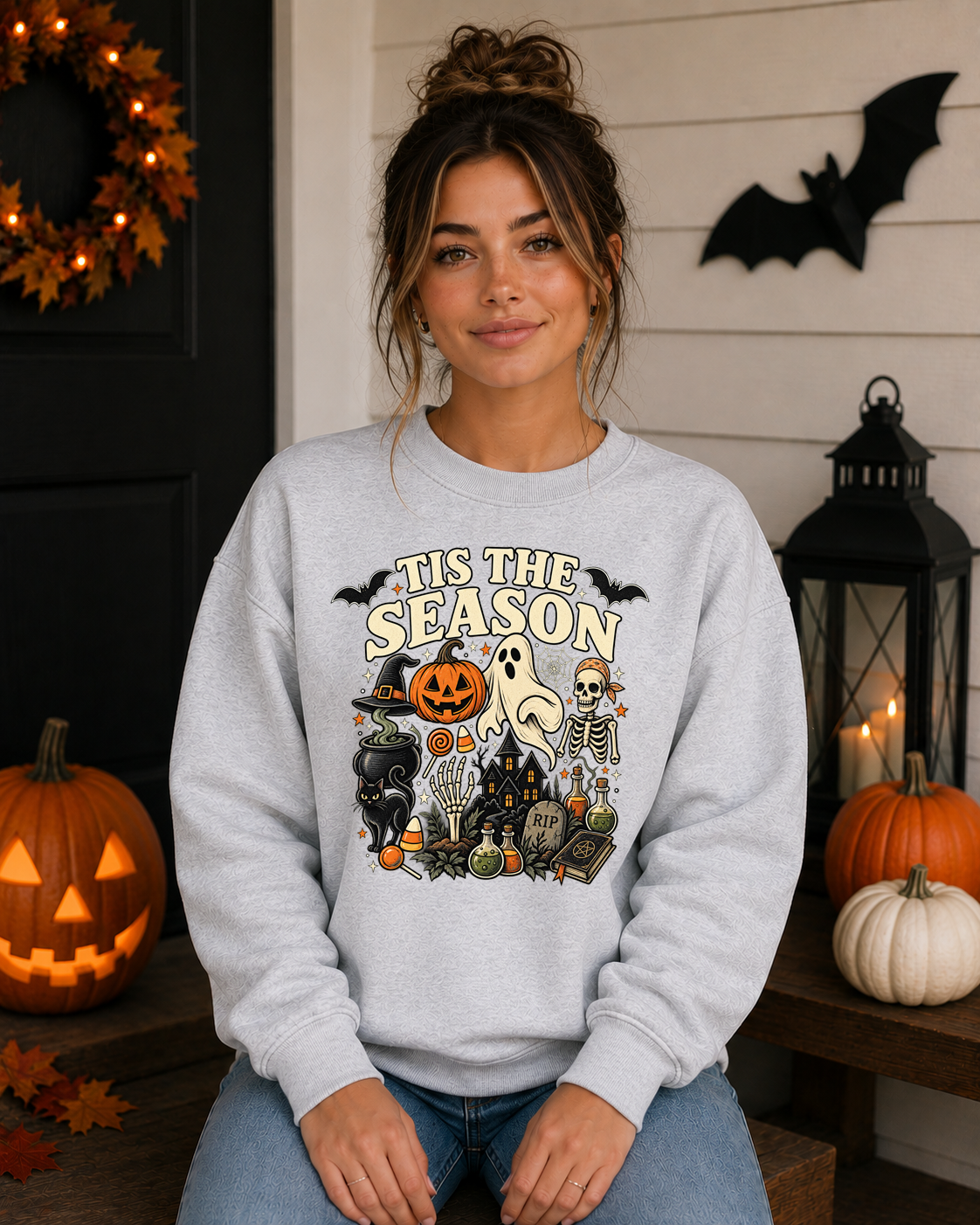 ’Tis the Season Halloween Sweatshirt – Spooky Ghost Skeleton Pumpkin Witchy Graphic Crewneck