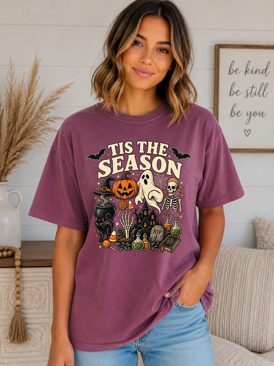 ’Tis the Season Halloween Comfort Colors T-Shirt – Spooky Ghost Skeleton Pumpkin Witchy Graphic Tee