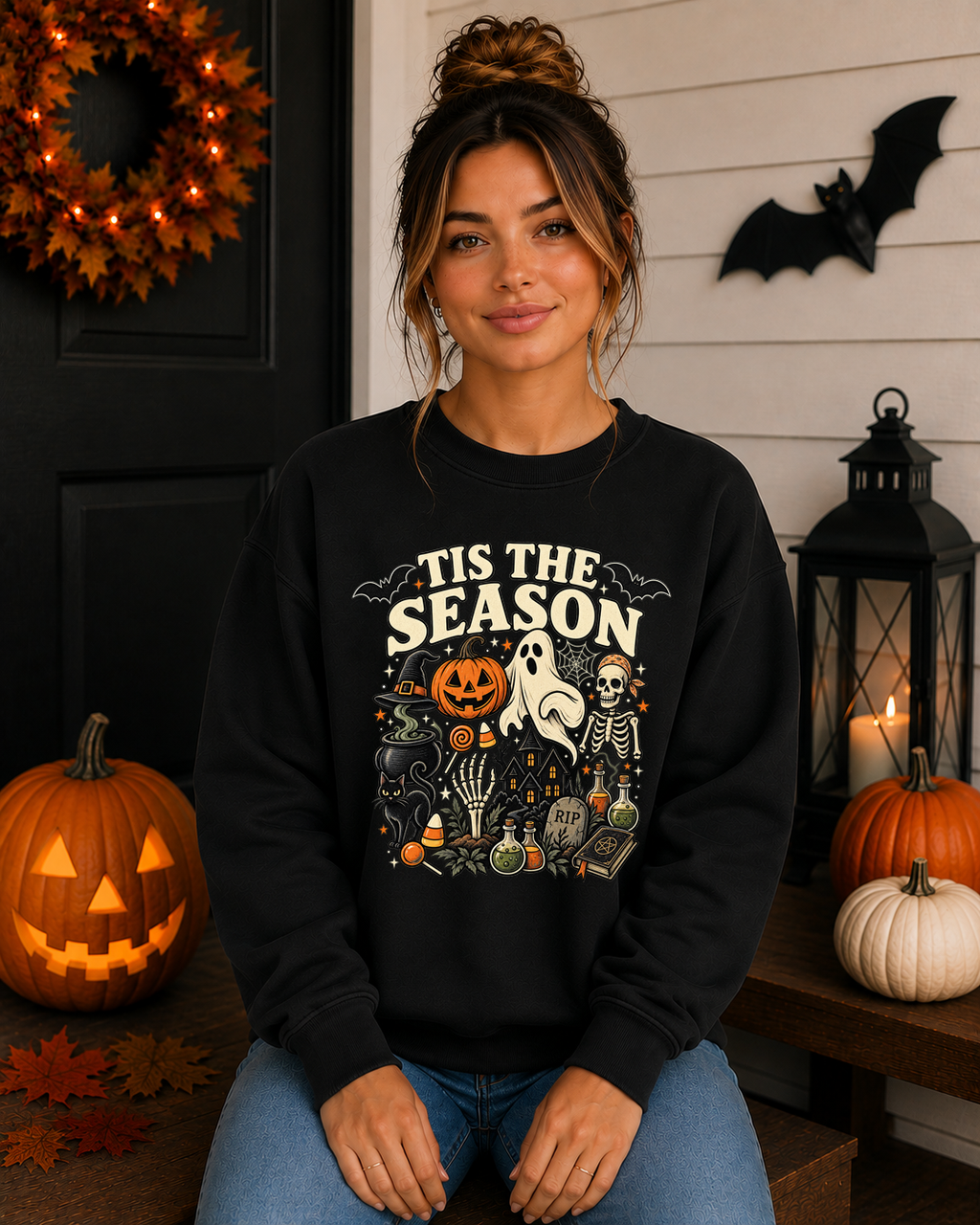 ’Tis the Season Halloween Sweatshirt – Spooky Ghost Skeleton Pumpkin Witchy Graphic Crewneck