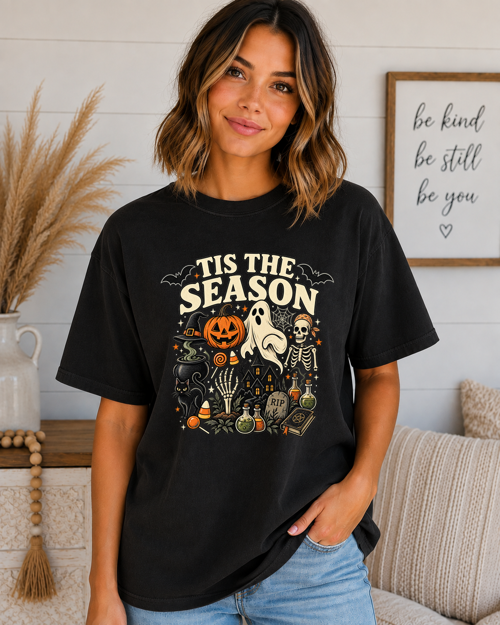 ’Tis the Season Halloween Comfort Colors T-Shirt – Spooky Ghost Skeleton Pumpkin Witchy Graphic Tee
