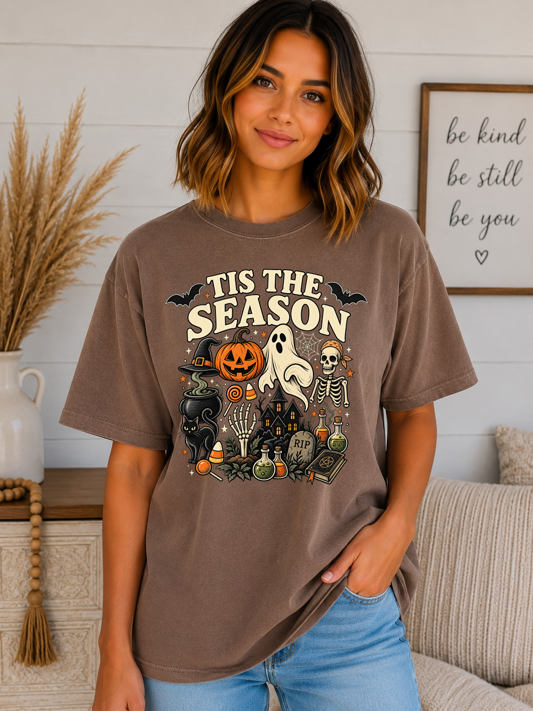 ’Tis the Season Halloween Comfort Colors T-Shirt – Spooky Ghost Skeleton Pumpkin Witchy Graphic Tee
