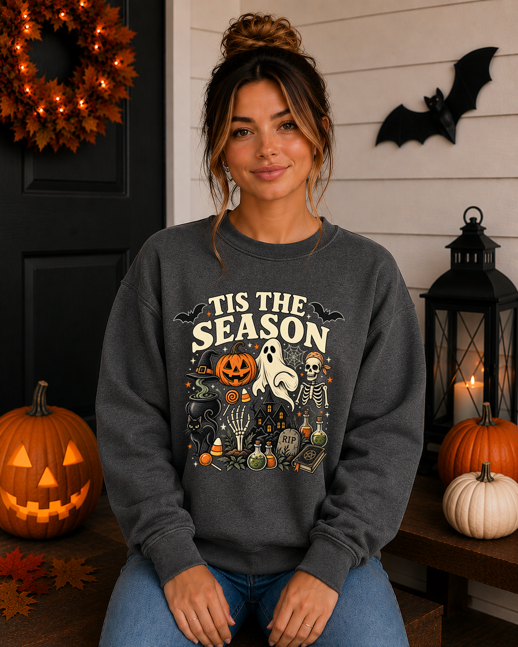 ’Tis the Season Halloween Sweatshirt – Spooky Ghost Skeleton Pumpkin Witchy Graphic Crewneck
