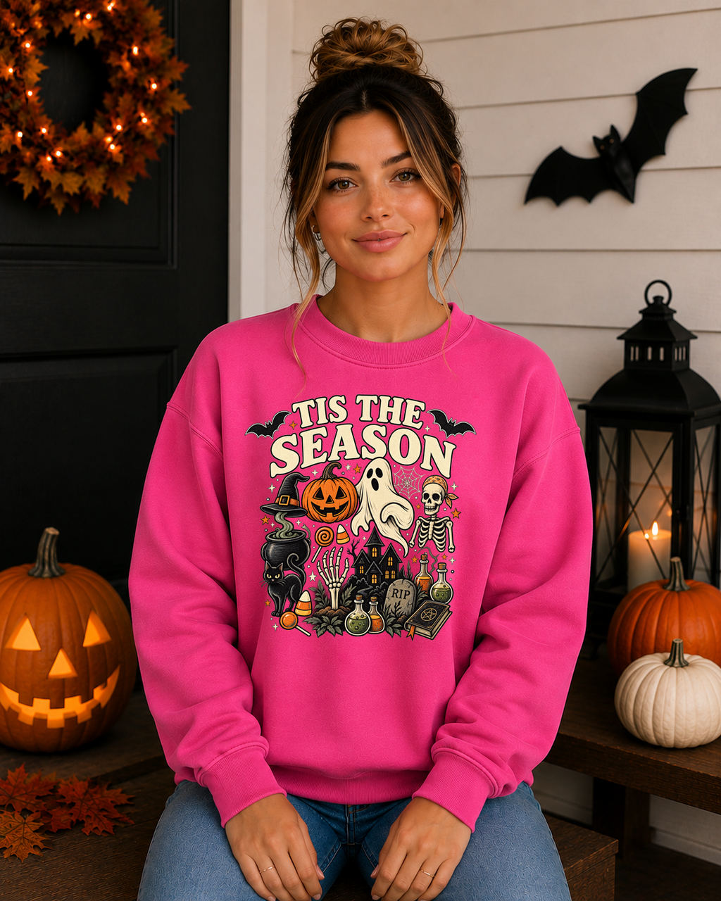 ’Tis the Season Halloween Sweatshirt – Spooky Ghost Skeleton Pumpkin Witchy Graphic Crewneck
