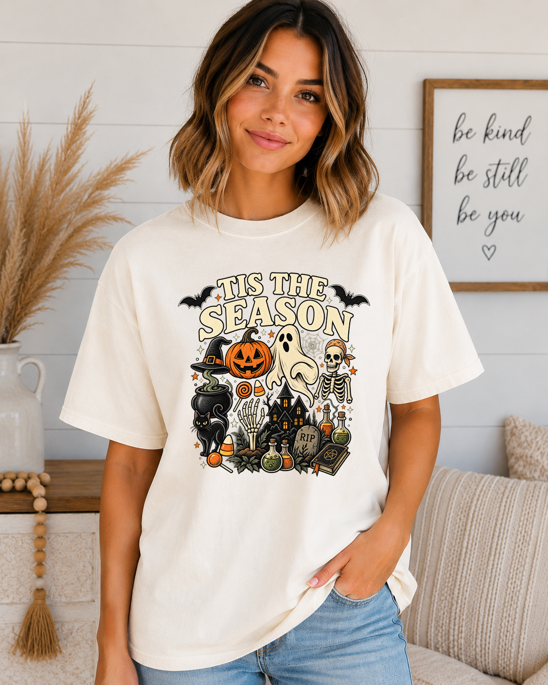 ’Tis the Season Halloween Comfort Colors T-Shirt – Spooky Ghost Skeleton Pumpkin Witchy Graphic Tee