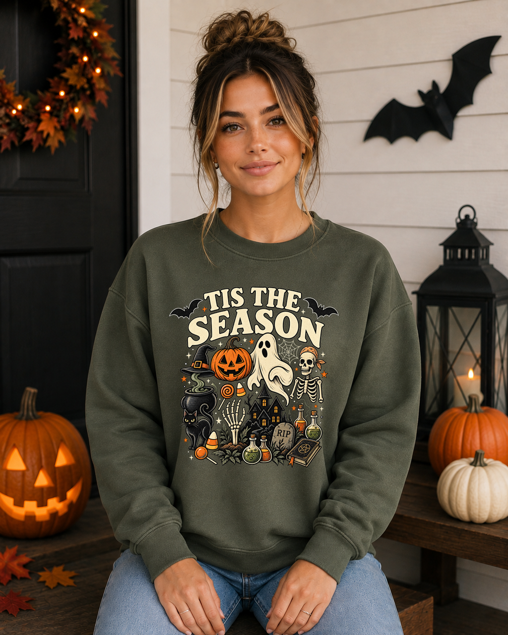 ’Tis the Season Halloween Sweatshirt – Spooky Ghost Skeleton Pumpkin Witchy Graphic Crewneck