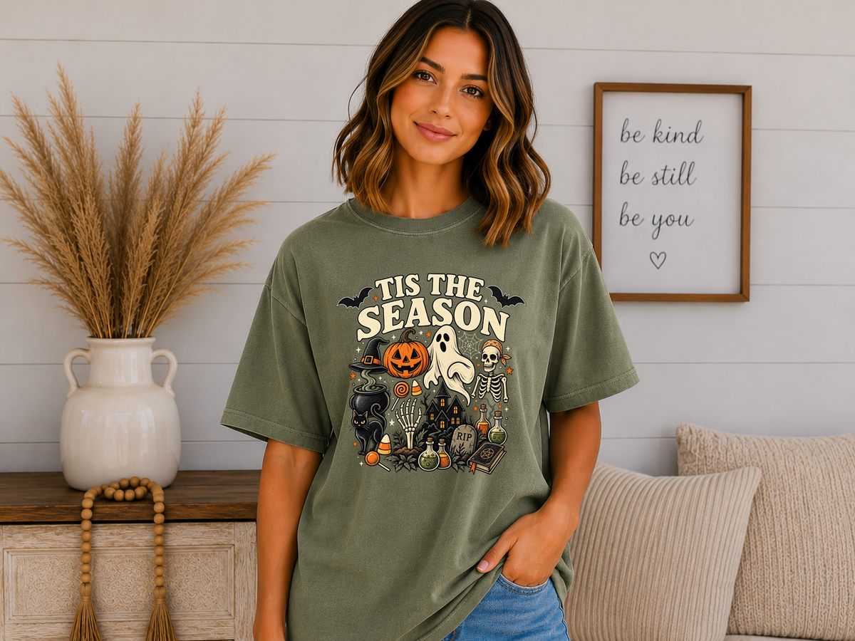 ’Tis the Season Halloween Comfort Colors T-Shirt – Spooky Ghost Skeleton Pumpkin Witchy Graphic Tee
