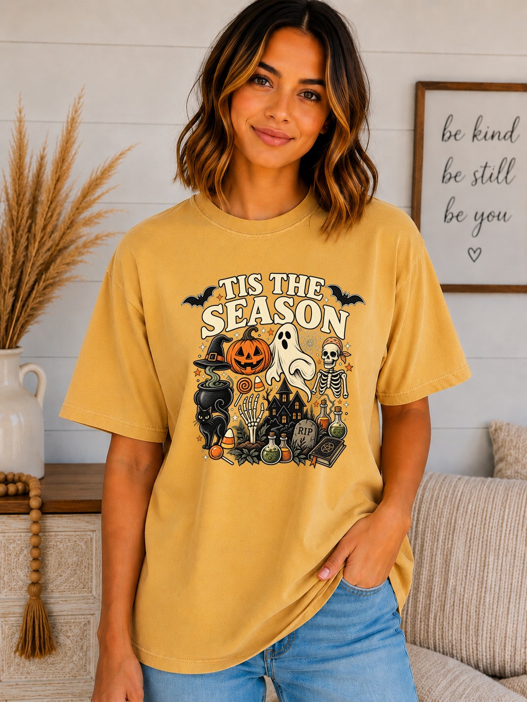 ’Tis the Season Halloween Comfort Colors T-Shirt – Spooky Ghost Skeleton Pumpkin Witchy Graphic Tee