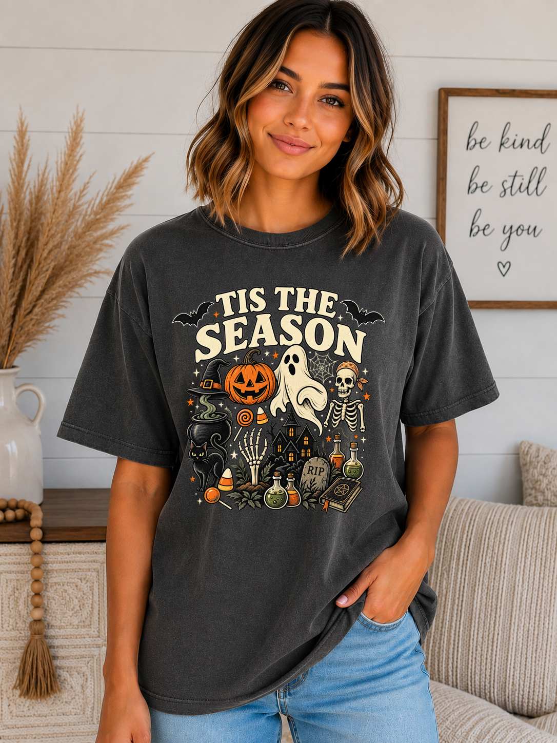 ’Tis the Season Halloween Comfort Colors T-Shirt – Spooky Ghost Skeleton Pumpkin Witchy Graphic Tee