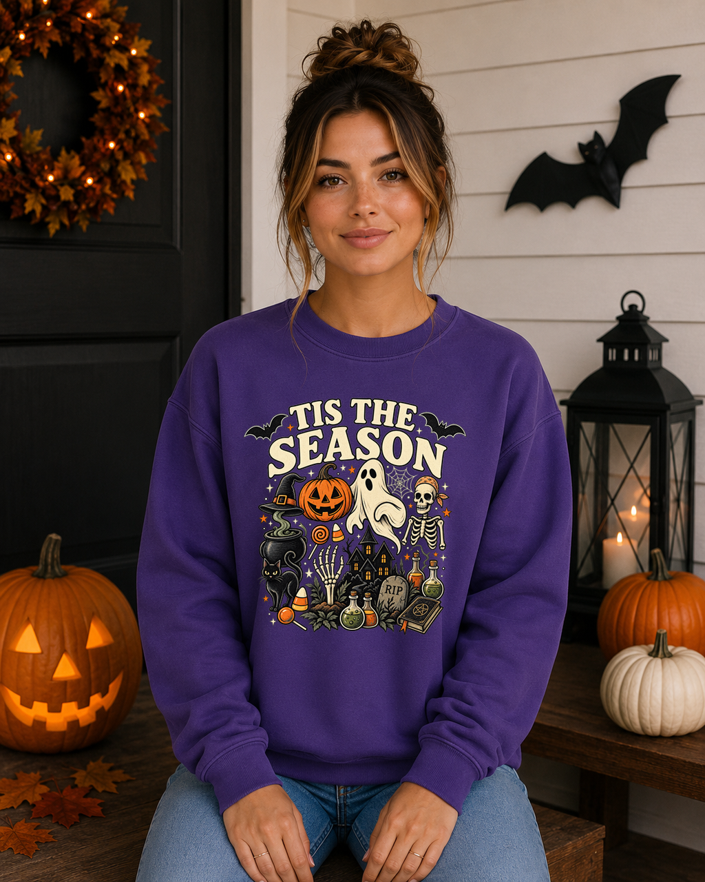 ’Tis the Season Halloween Sweatshirt – Spooky Ghost Skeleton Pumpkin Witchy Graphic Crewneck