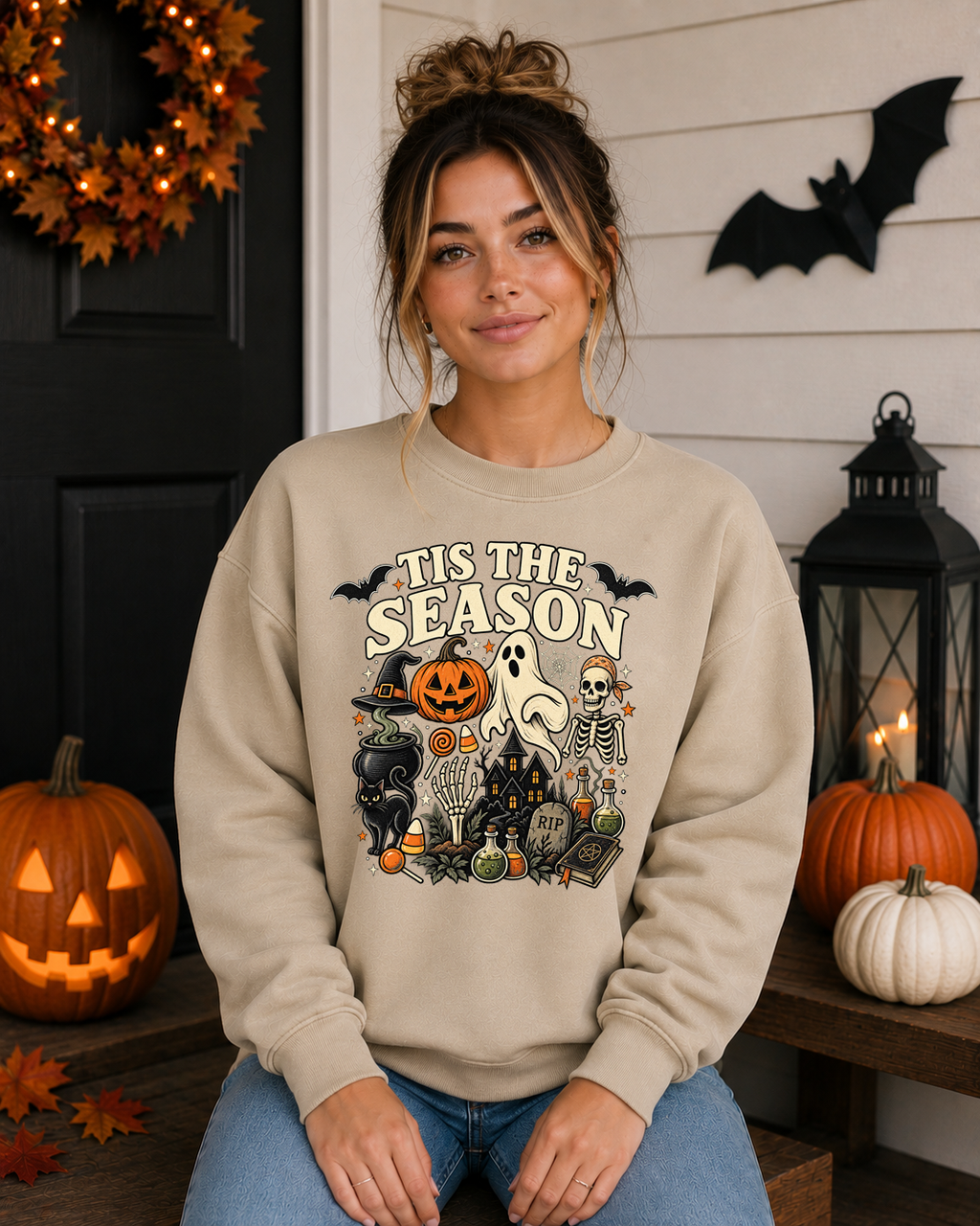 ’Tis the Season Halloween Sweatshirt – Spooky Ghost Skeleton Pumpkin Witchy Graphic Crewneck