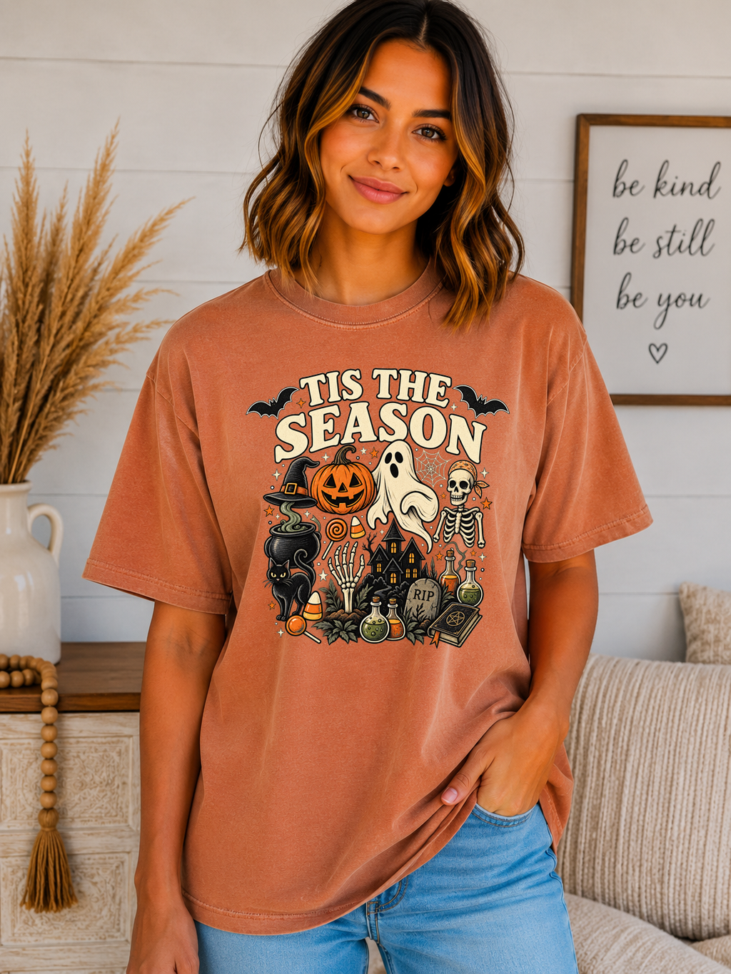 ’Tis the Season Halloween Comfort Colors T-Shirt – Spooky Ghost Skeleton Pumpkin Witchy Graphic Tee