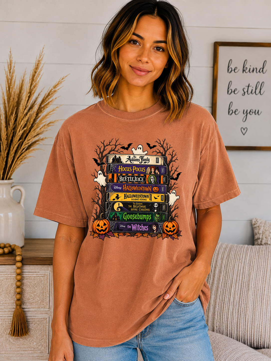 Retro Halloween Movie Comfort Colors T-Shirt | Spooky VHS Tape Stack Graphic Tee | Classic Halloween Movie Night Shirt