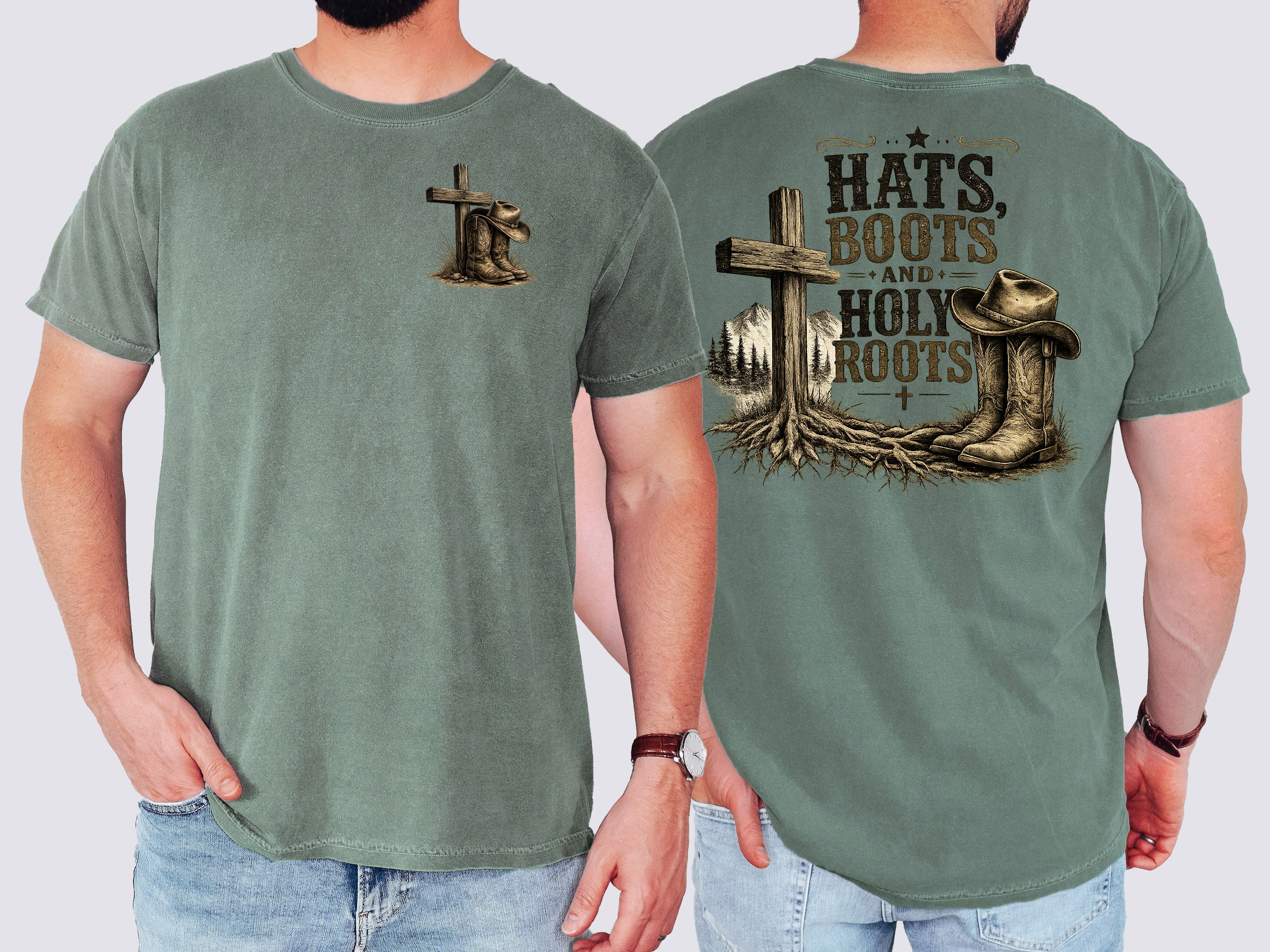 Hats, Boots & Holy Roots, Faith, Jesus, Comfort Colors Tshirt