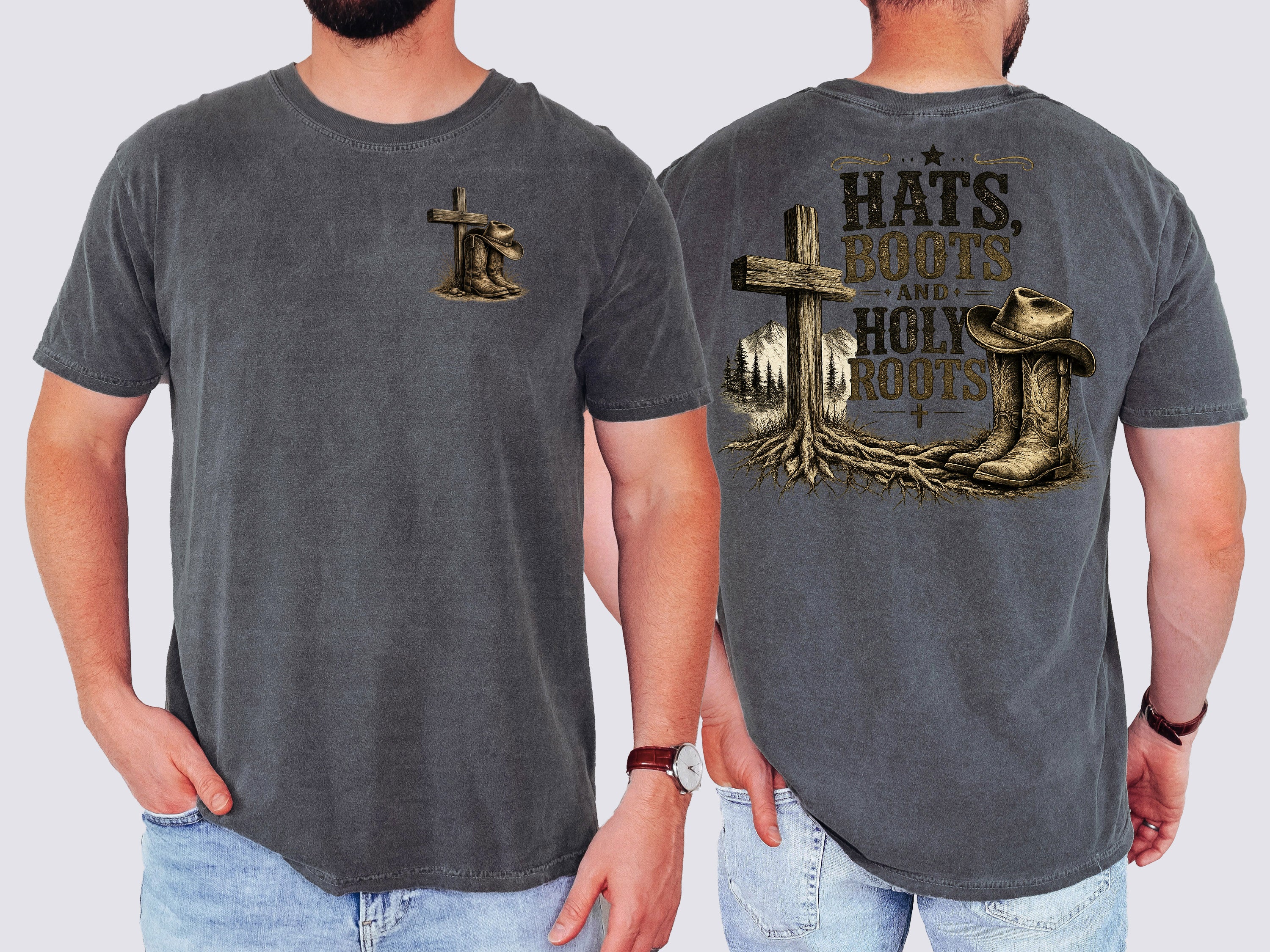 Hats, Boots & Holy Roots, Faith, Jesus, Comfort Colors Tshirt