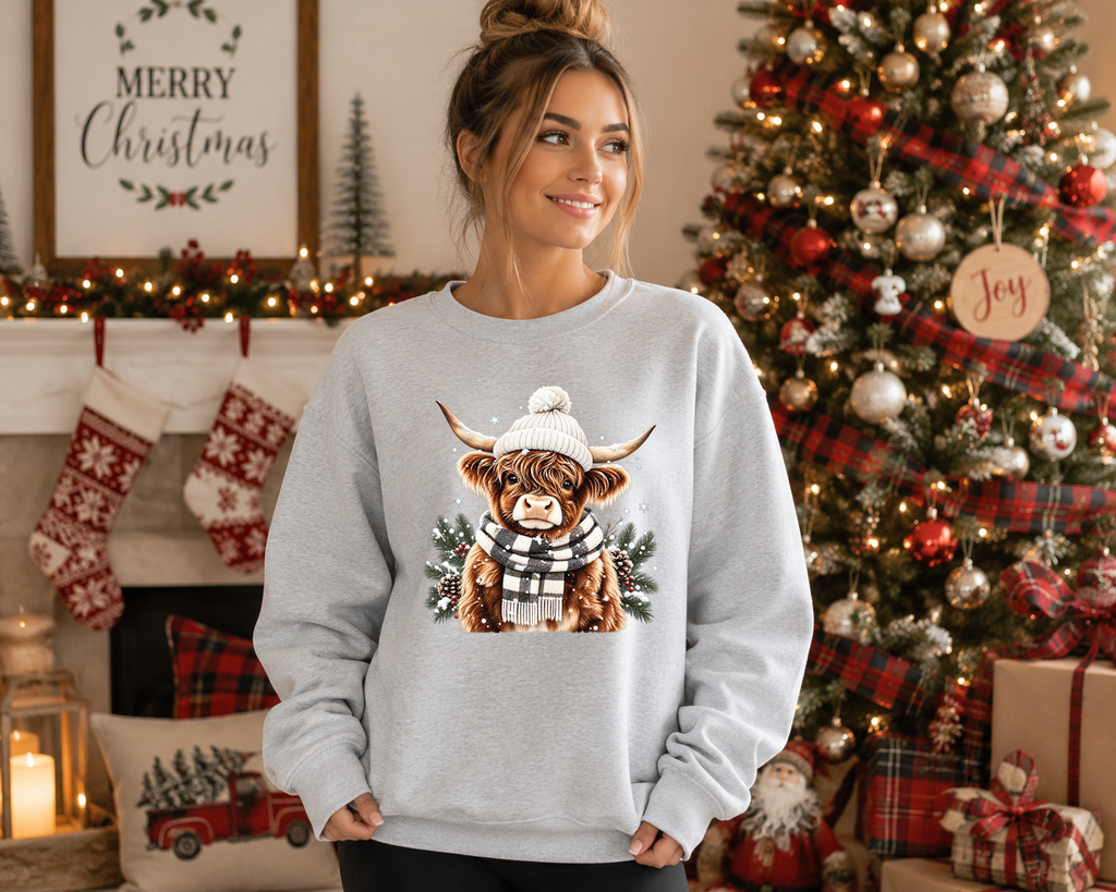 Cozy Highland Cow Christmas Sweatshirt – Winter Highland Cow Graphic Crewneck – Festive Farm Christmas Shirt – Holiday Cow Sweatshirt