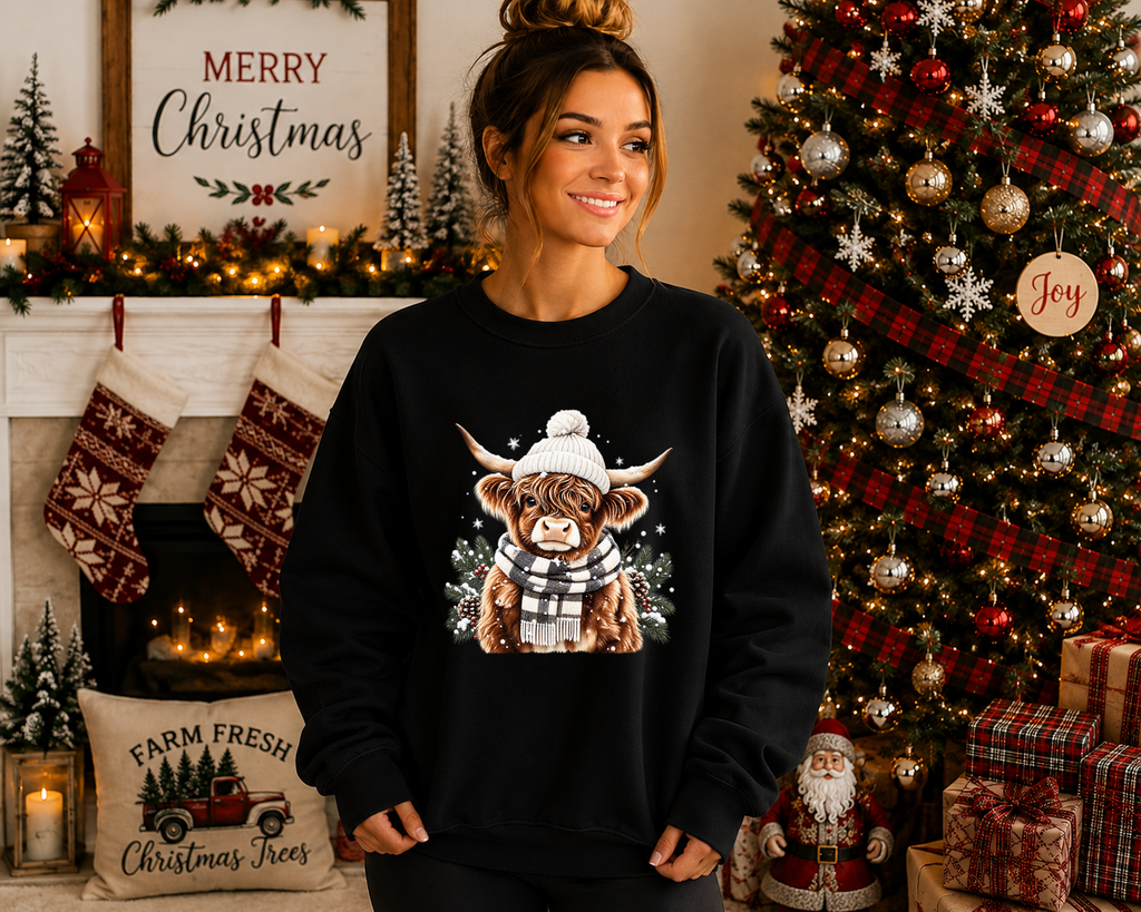 Cozy Highland Cow Christmas Sweatshirt – Winter Highland Cow Graphic Crewneck – Festive Farm Christmas Shirt – Holiday Cow Sweatshirt