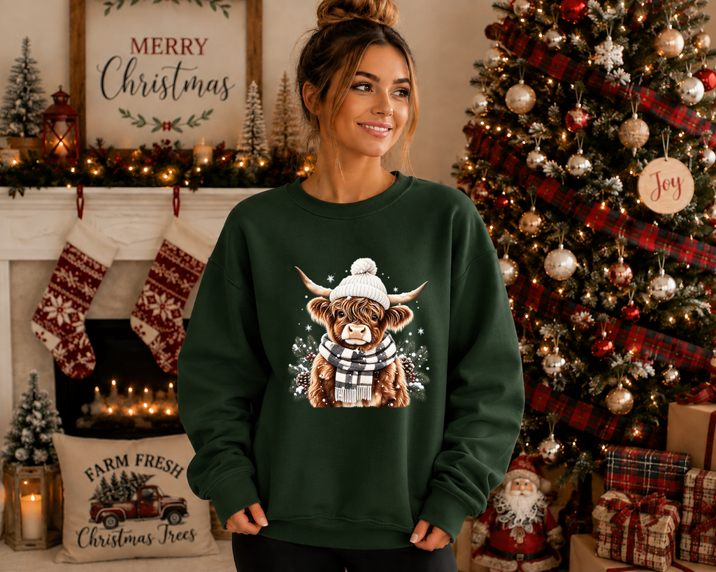 Cozy Highland Cow Christmas Sweatshirt – Winter Highland Cow Graphic Crewneck – Festive Farm Christmas Shirt – Holiday Cow Sweatshirt