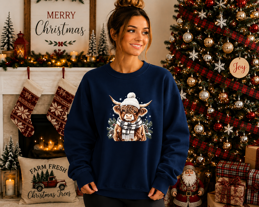 Cozy Highland Cow Christmas Sweatshirt – Winter Highland Cow Graphic Crewneck – Festive Farm Christmas Shirt – Holiday Cow Sweatshirt