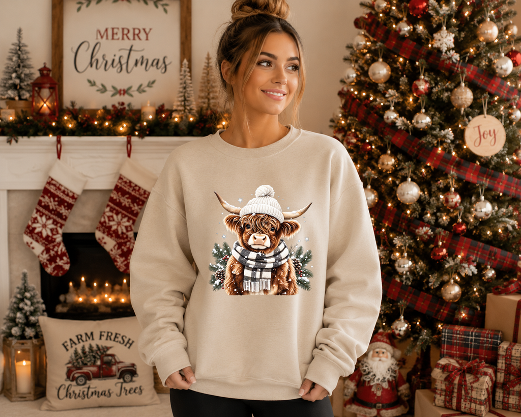 Cozy Highland Cow Christmas Sweatshirt – Winter Highland Cow Graphic Crewneck – Festive Farm Christmas Shirt – Holiday Cow Sweatshirt