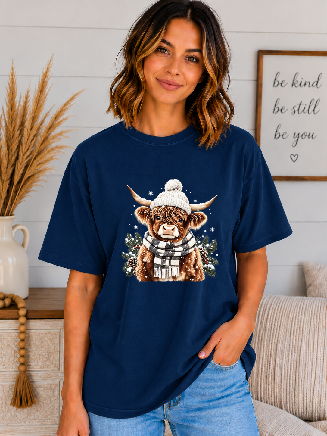Cozy Highland Cow Christmas Comfort Colors T-Shirt – Winter Highland Cow Graphic Tee, Cute Holiday Shirt, Rustic Christmas Tee