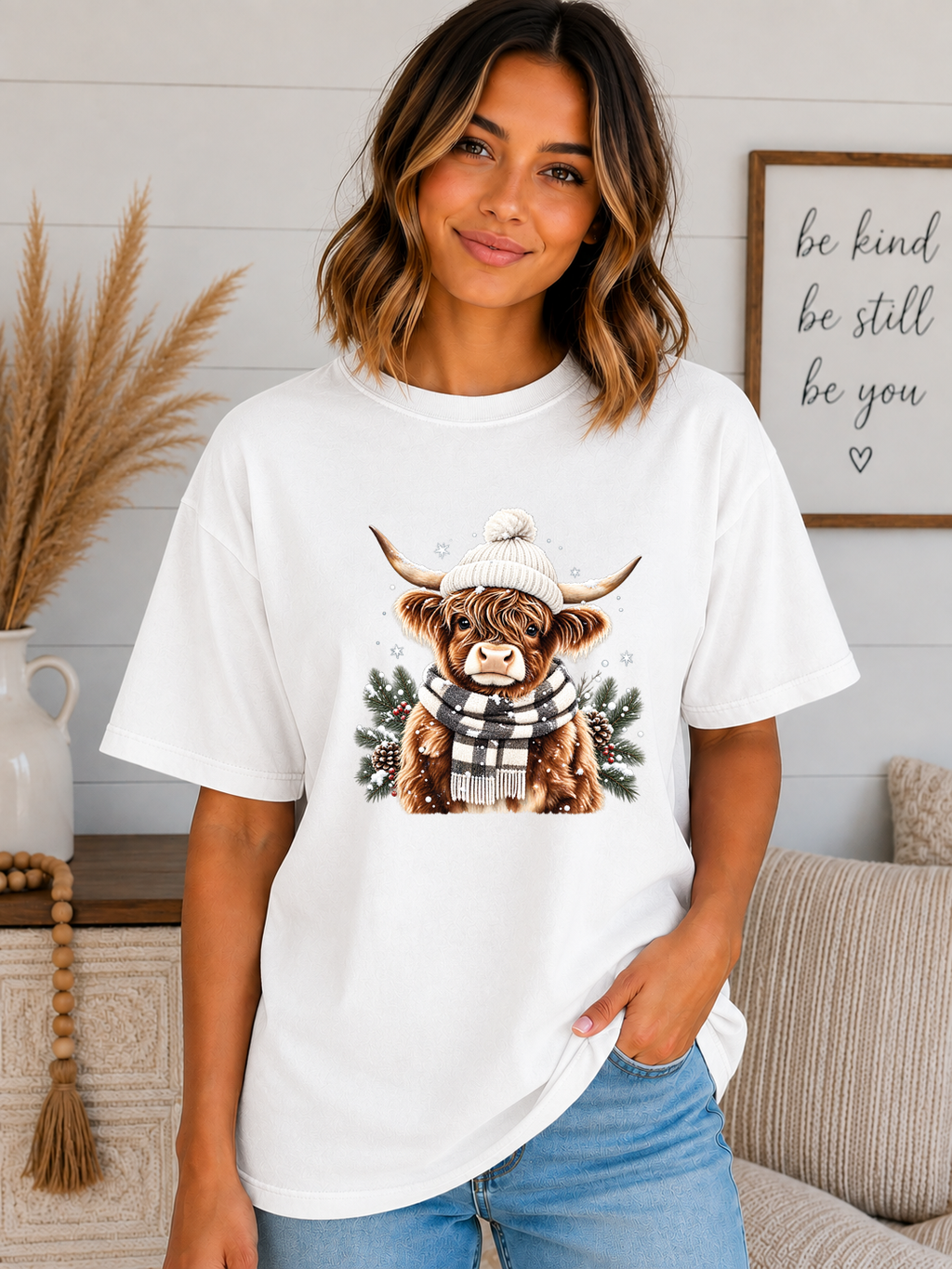 Cozy Highland Cow Christmas Comfort Colors T-Shirt – Winter Highland Cow Graphic Tee, Cute Holiday Shirt, Rustic Christmas Tee