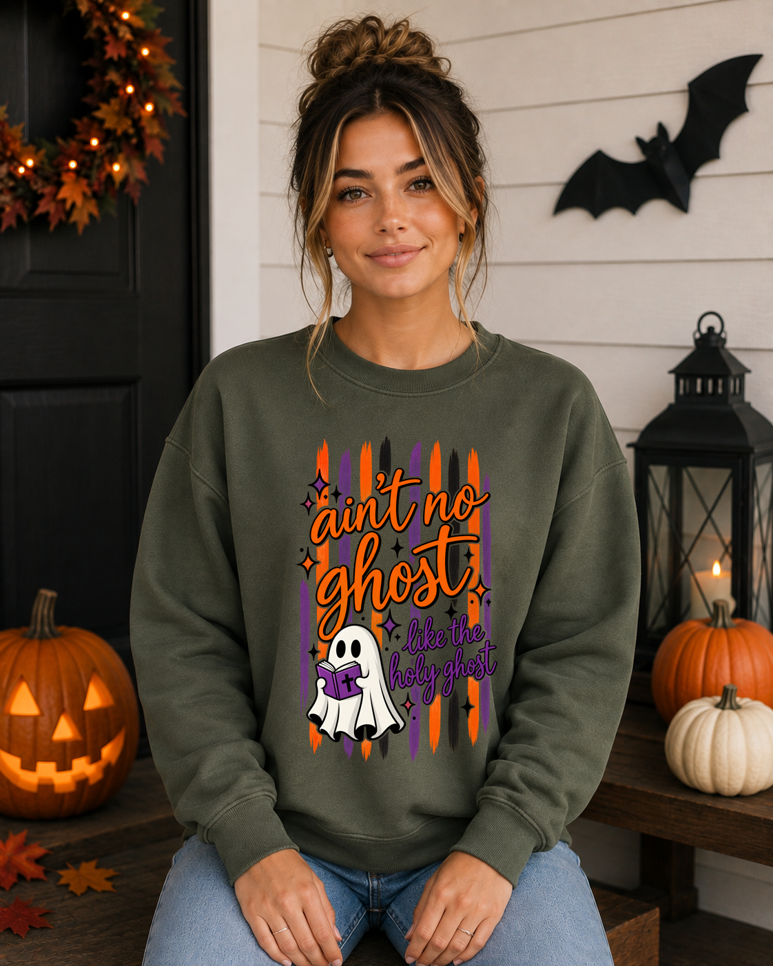 Ain’t No Ghost Like the Holy Ghost Gildan Sweatshirt – Christian Halloween Crewneck, Faith-Based Spooky Season Sweatshirt