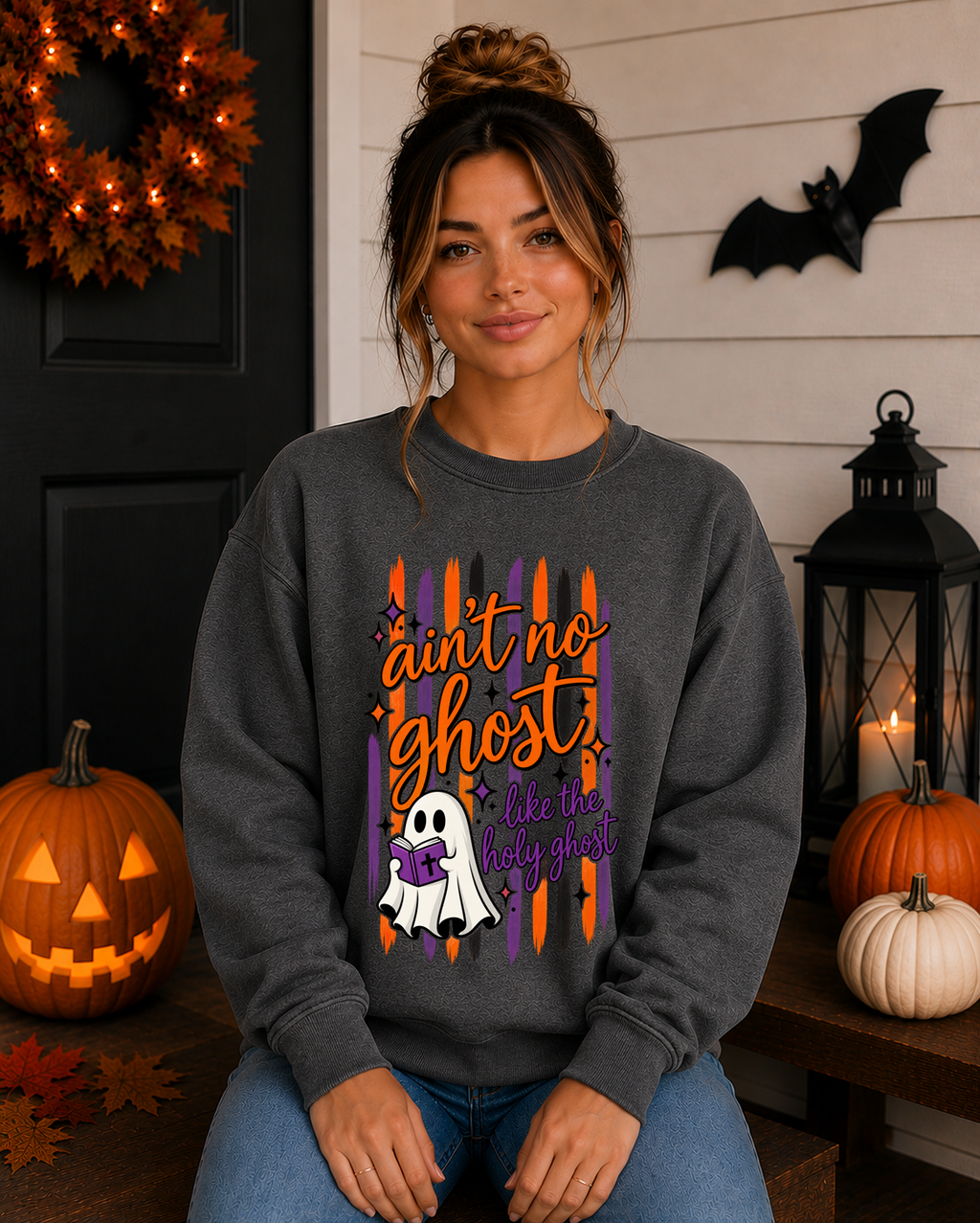Ain’t No Ghost Like the Holy Ghost Gildan Sweatshirt – Christian Halloween Crewneck, Faith-Based Spooky Season Sweatshirt