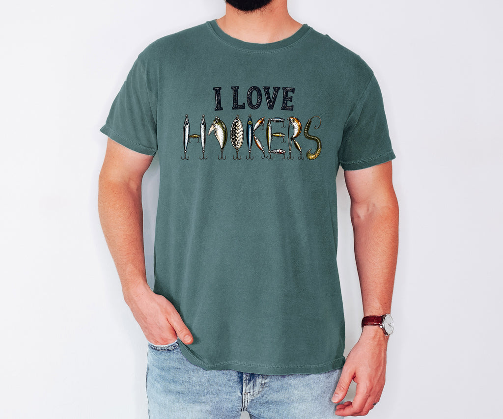 I Love Hookers, Mens, Fishing, Comfort Colors Tshirt, Lures