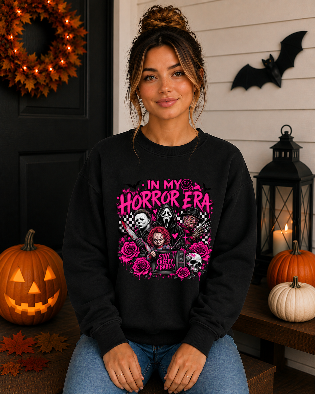 In My Horror Era Pink Halloween Gildan Sweatshirt | Spooky Horror Graphic Crewneck | Stay Creepy Halloween Sweatshirt