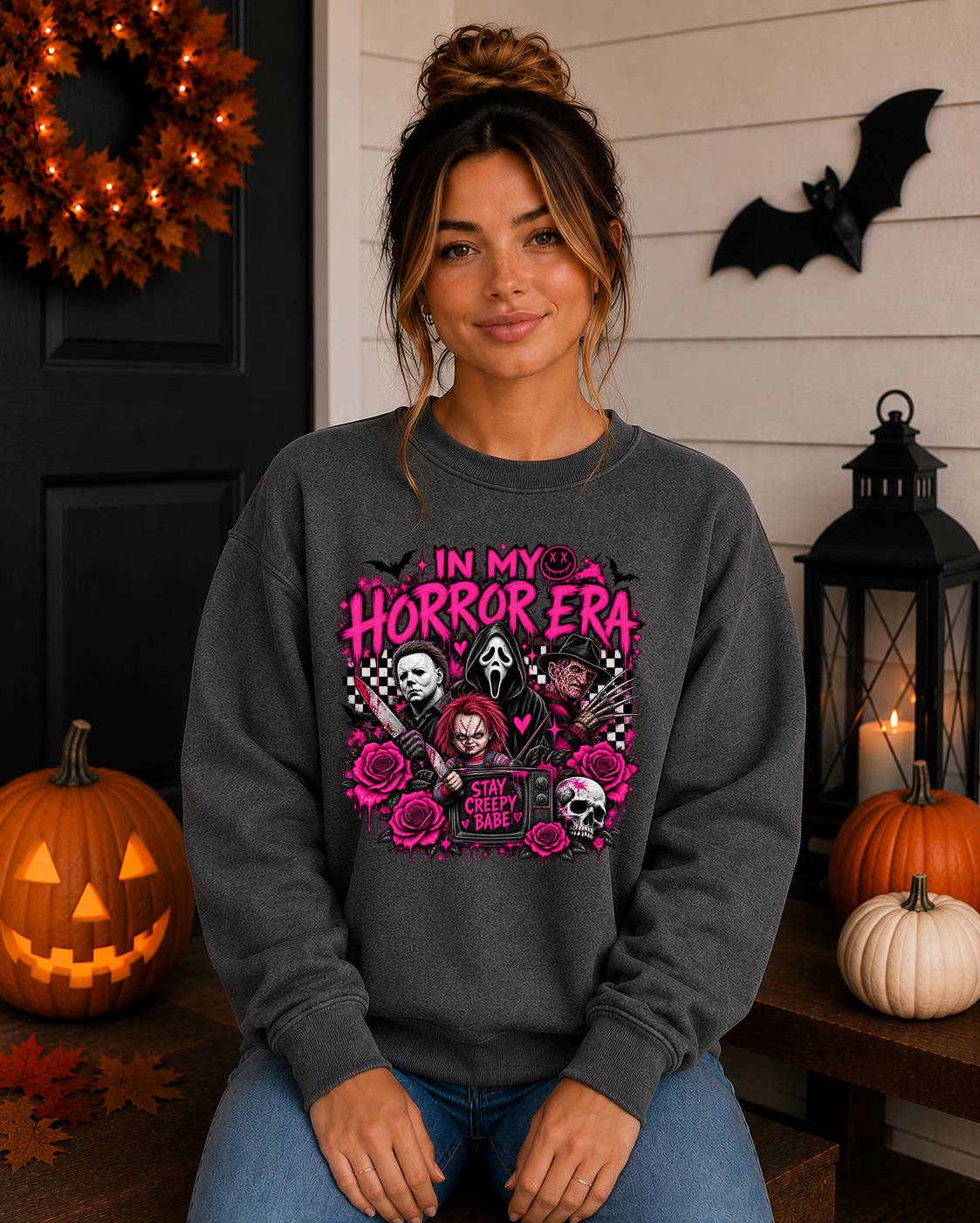 In My Horror Era Pink Halloween Gildan Sweatshirt | Spooky Horror Graphic Crewneck | Stay Creepy Halloween Sweatshirt