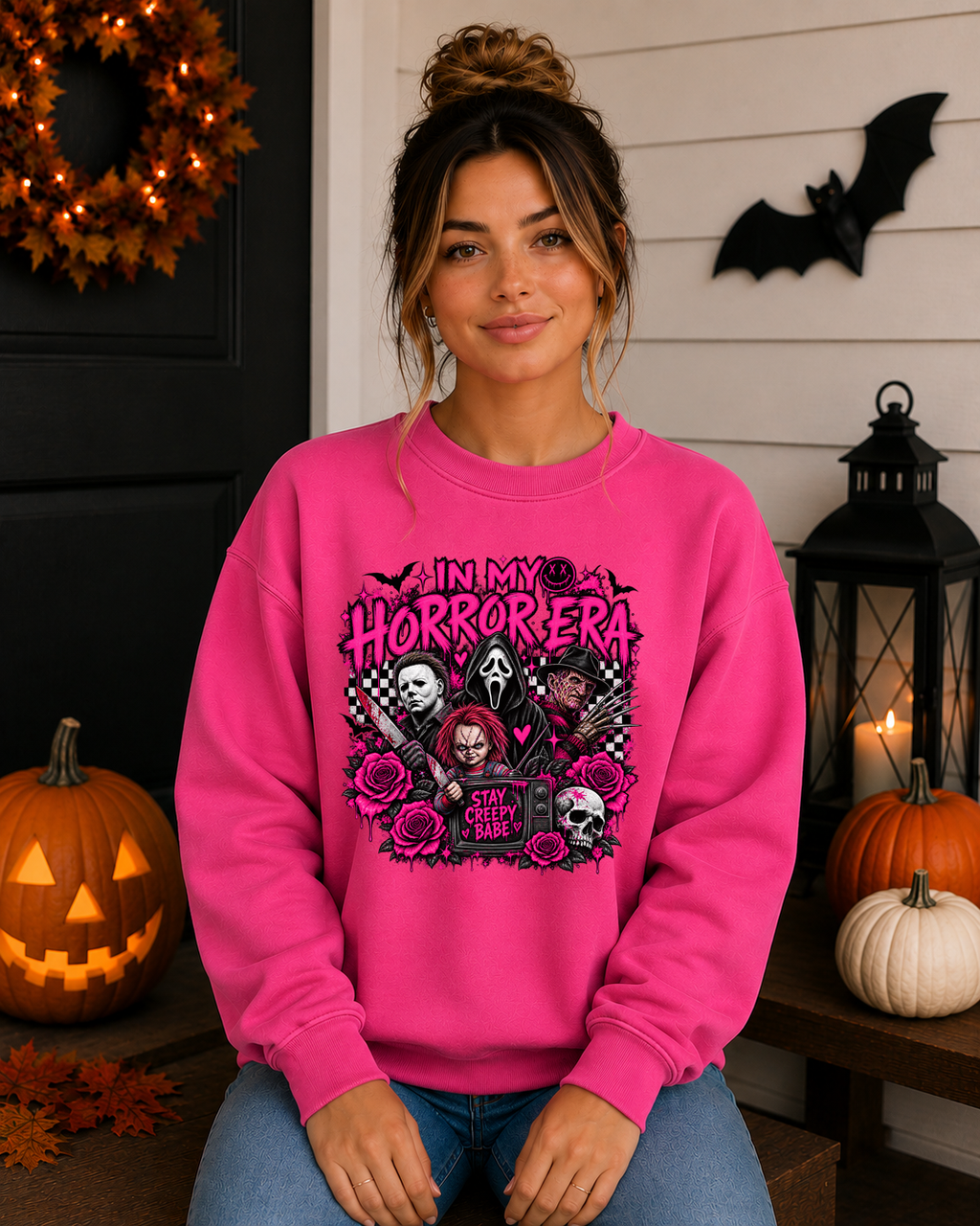 In My Horror Era Pink Halloween Gildan Sweatshirt | Spooky Horror Graphic Crewneck | Stay Creepy Halloween Sweatshirt
