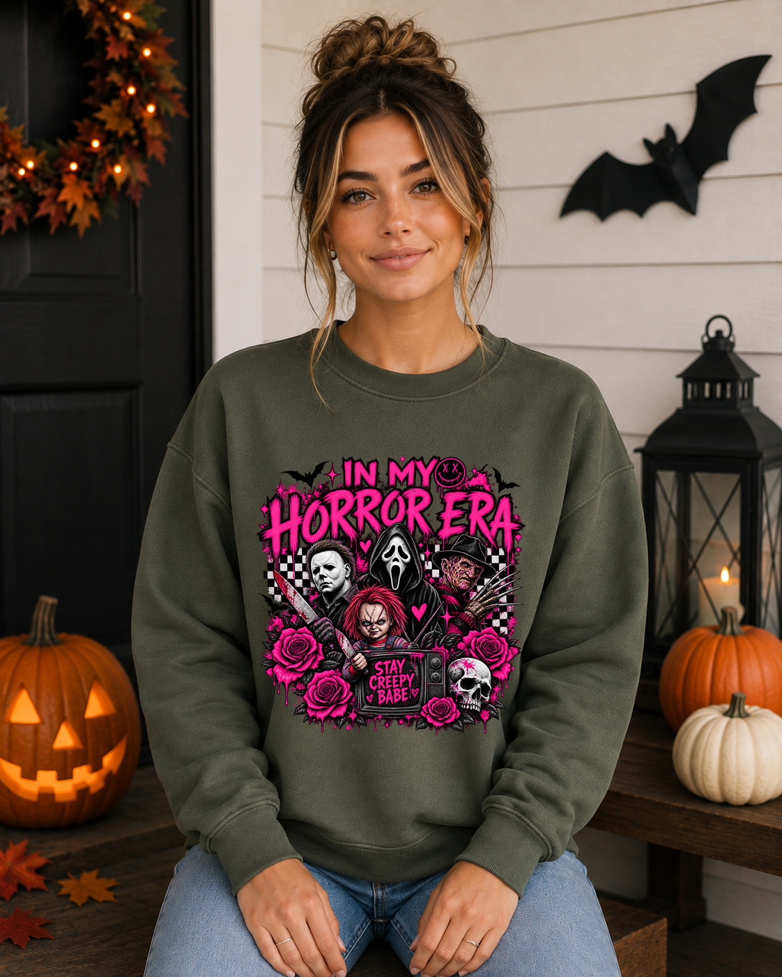 In My Horror Era Pink Halloween Gildan Sweatshirt | Spooky Horror Graphic Crewneck | Stay Creepy Halloween Sweatshirt
