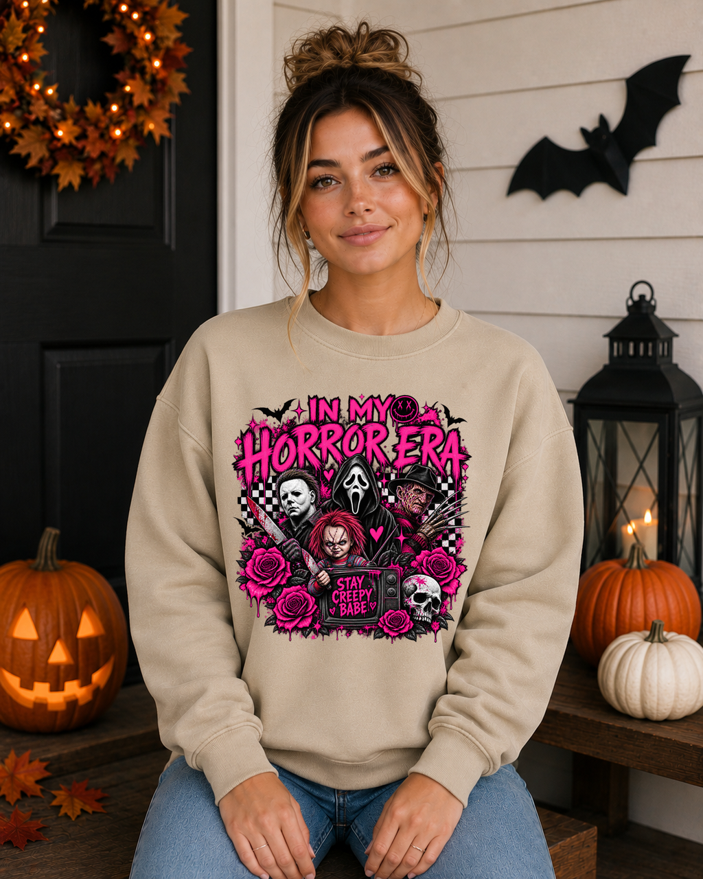 In My Horror Era Pink Halloween Gildan Sweatshirt | Spooky Horror Graphic Crewneck | Stay Creepy Halloween Sweatshirt