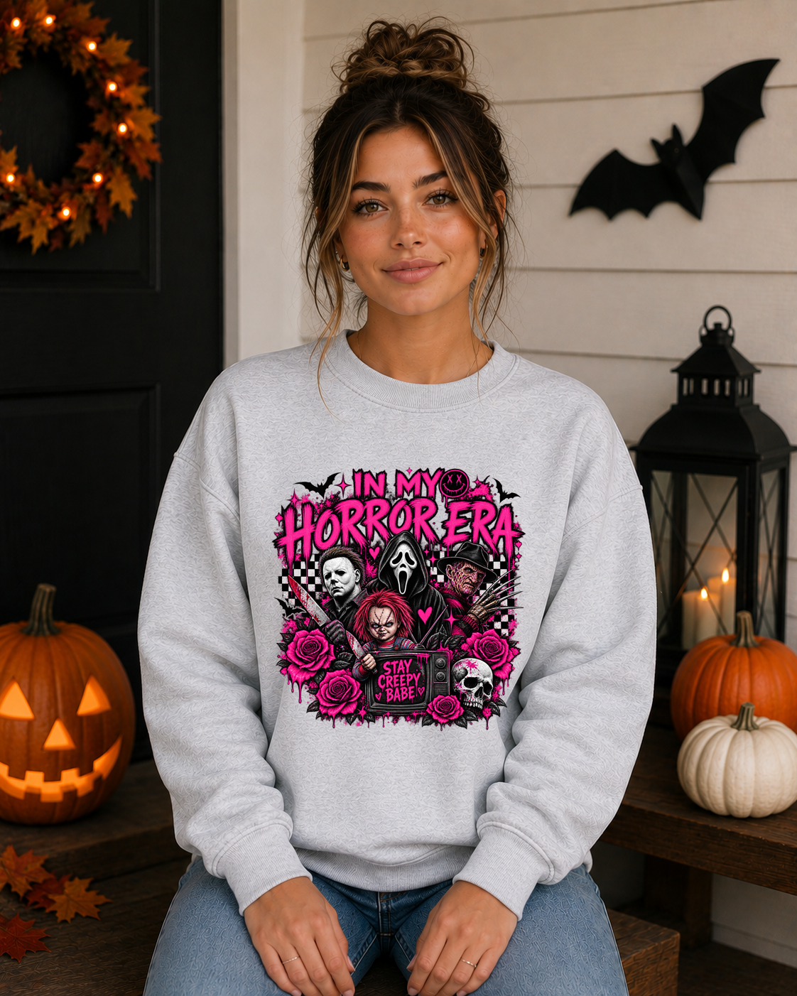 In My Horror Era Pink Halloween Gildan Sweatshirt | Spooky Horror Graphic Crewneck | Stay Creepy Halloween Sweatshirt