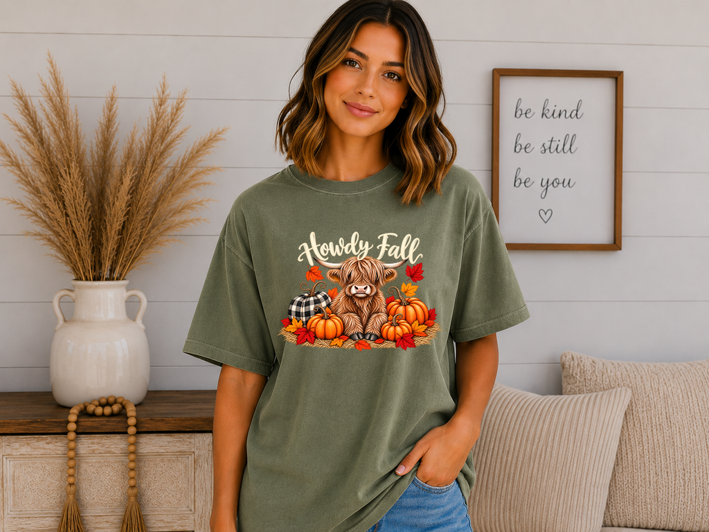 Howdy Fall Highland Cow Comfort Colors T-Shirt – Cute Fall Pumpkin Graphic Tee, Cozy Autumn Highland Cow Shirt, Buffalo Plaid Design